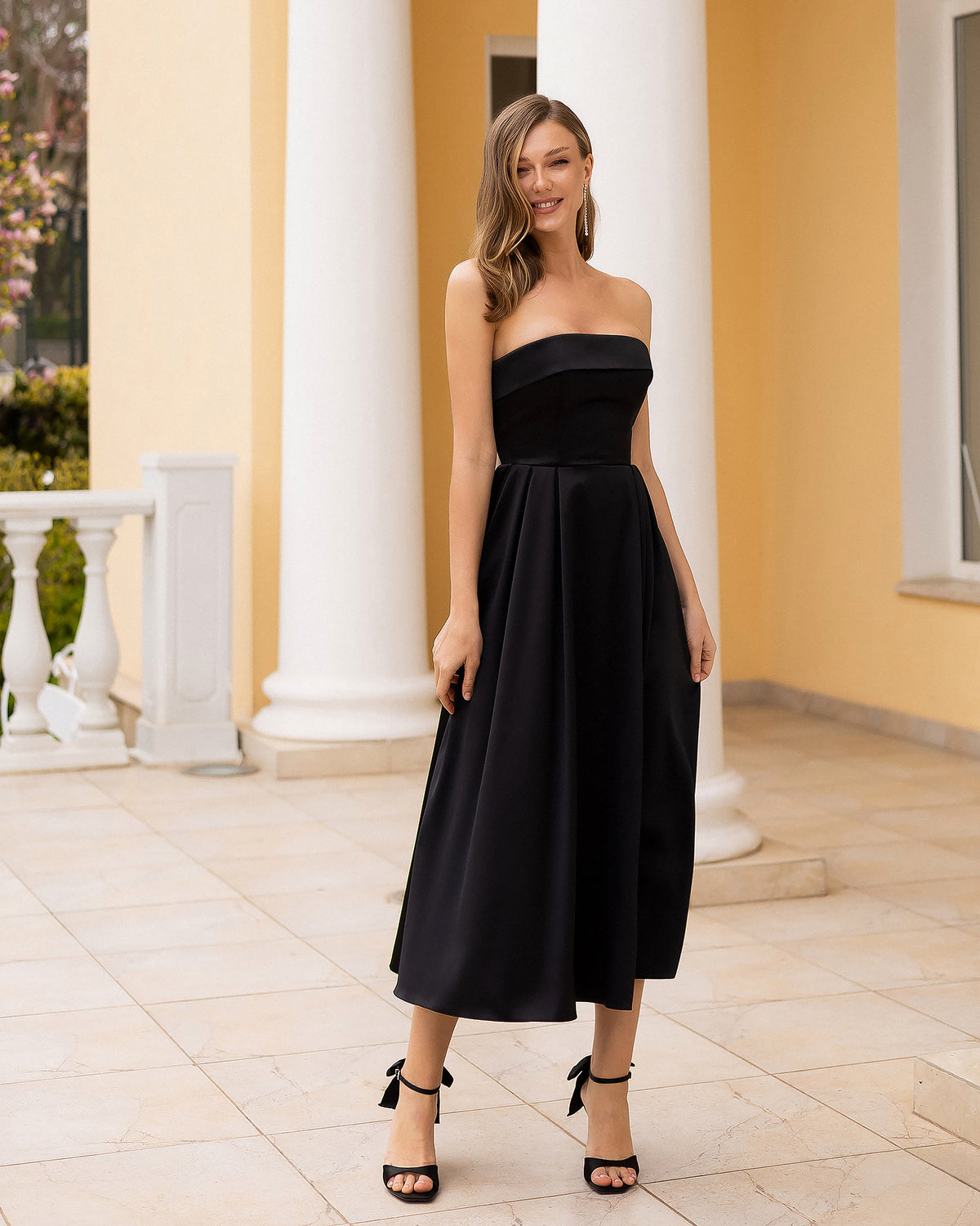 Brigitte Black Satin Pleated Strapless A-Line Midi Dress