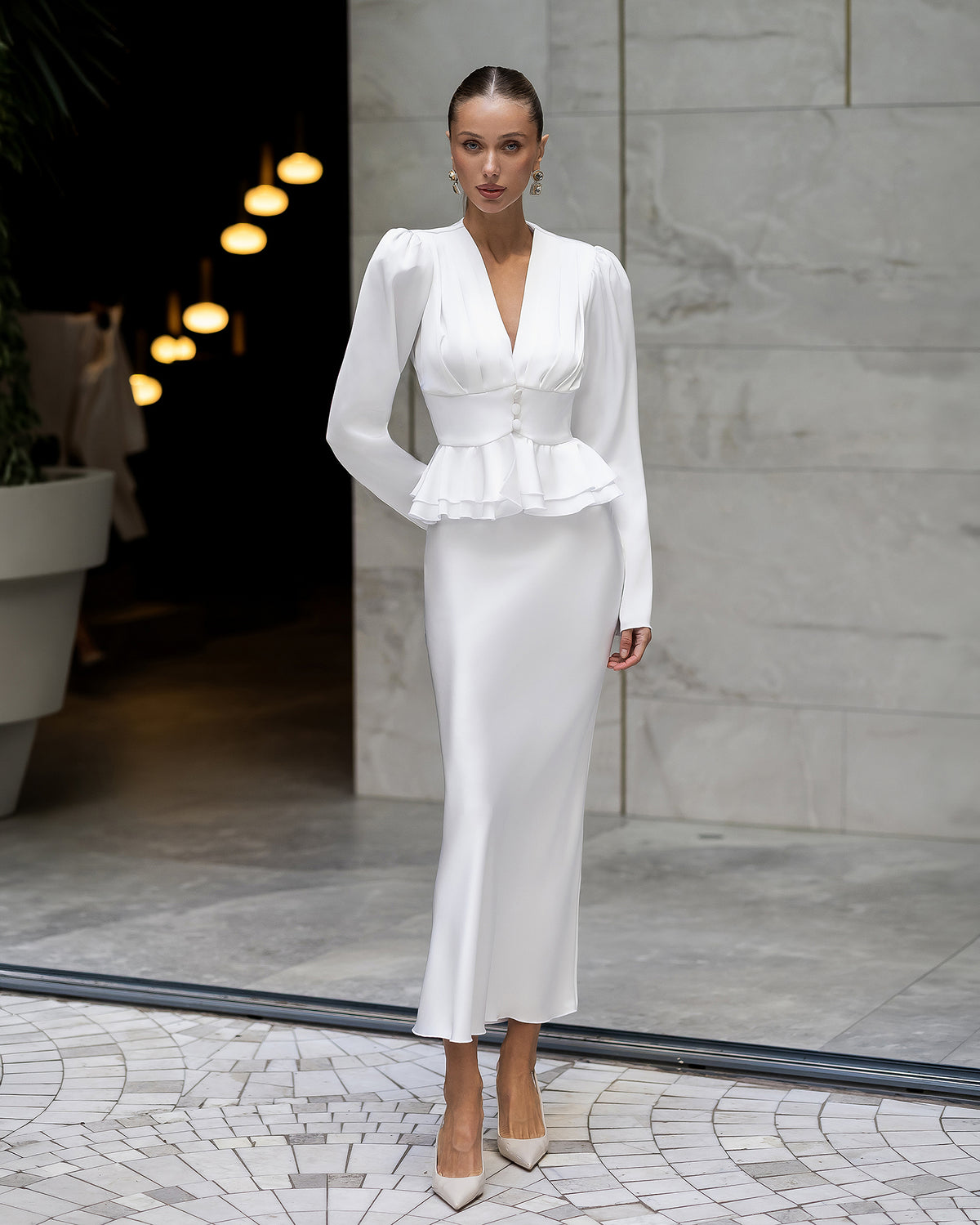 Emmanuelle White Satin Deep V-Neck Peplum Mini Skirt 2-Piece Set