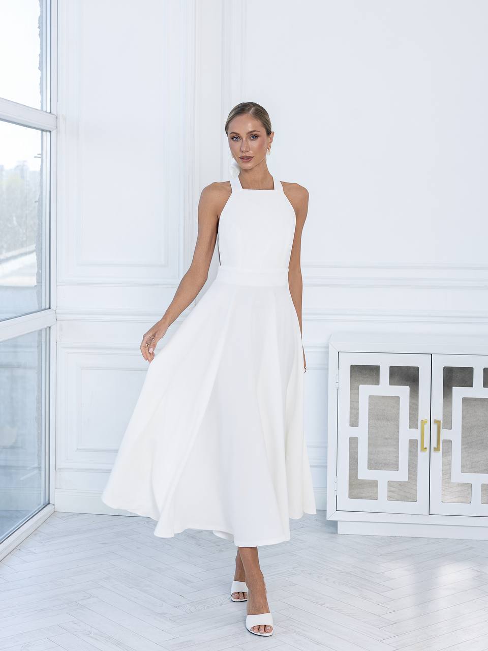 Thalia White Bow-Neck Open-Back A-Line Sleeveless Midi Dress