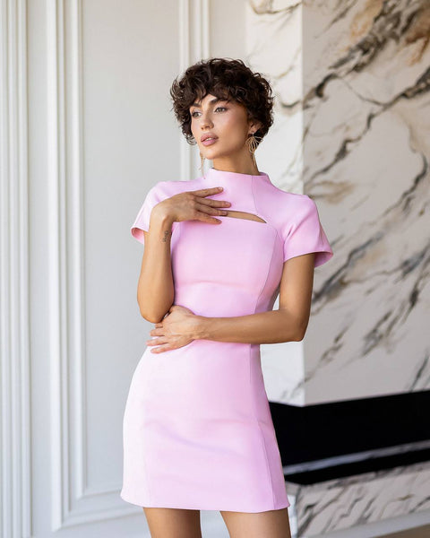 Giada Pink Cut-Out High-Neck Short-Sleeve Mini Dress