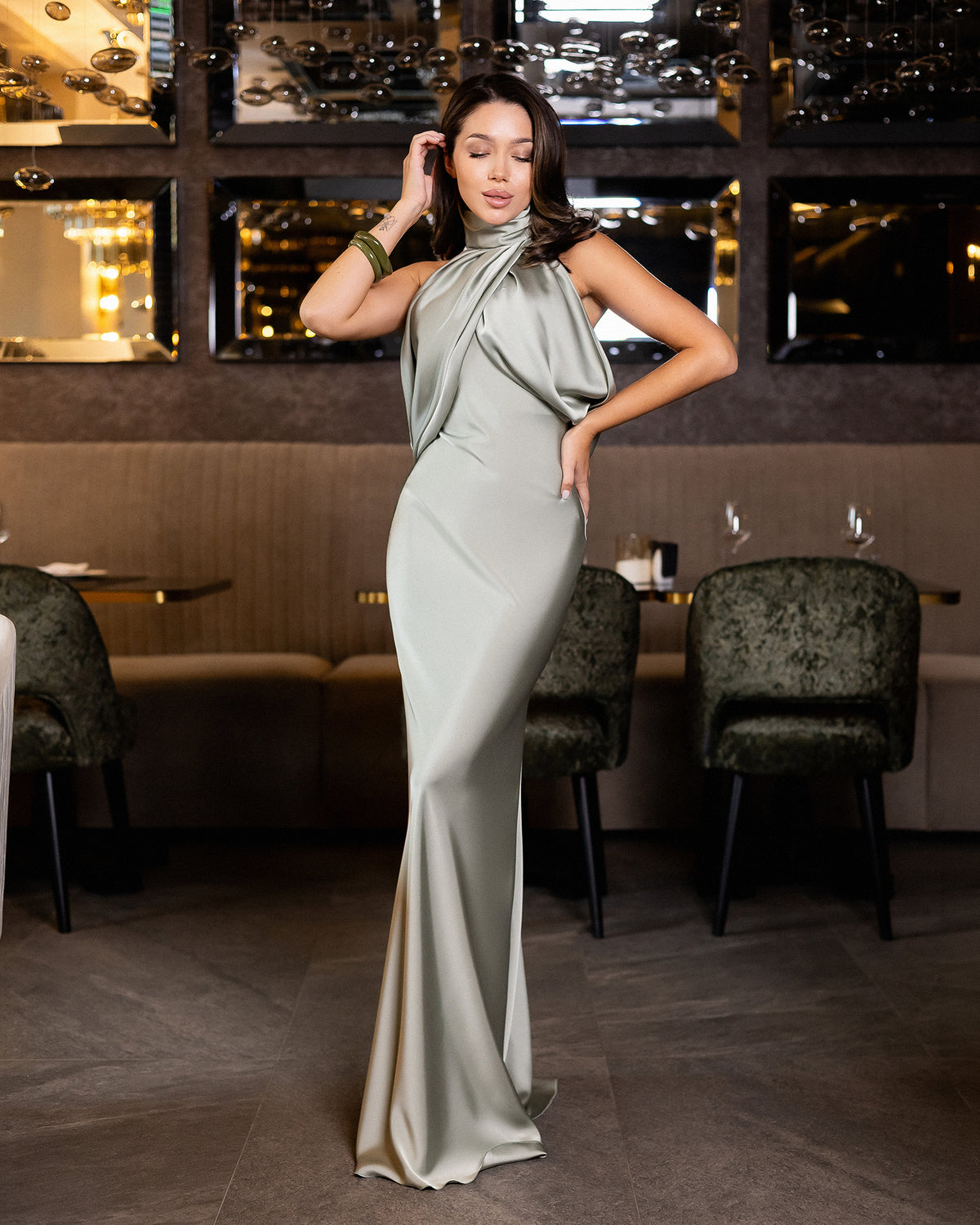 Leonora Olive Satin Halter Column Maxi Dress