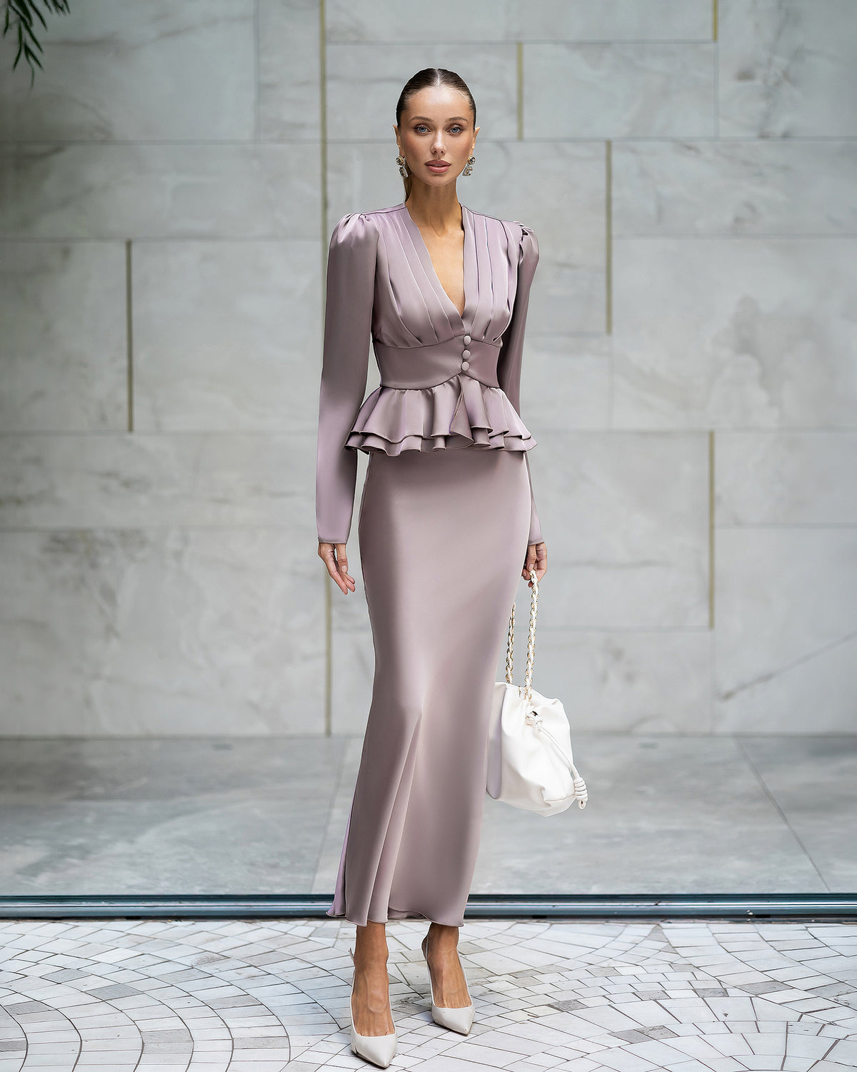 Emmanuelle Mocco Satin Deep V-Neck Peplum Mini Skirt 2-Piece Set