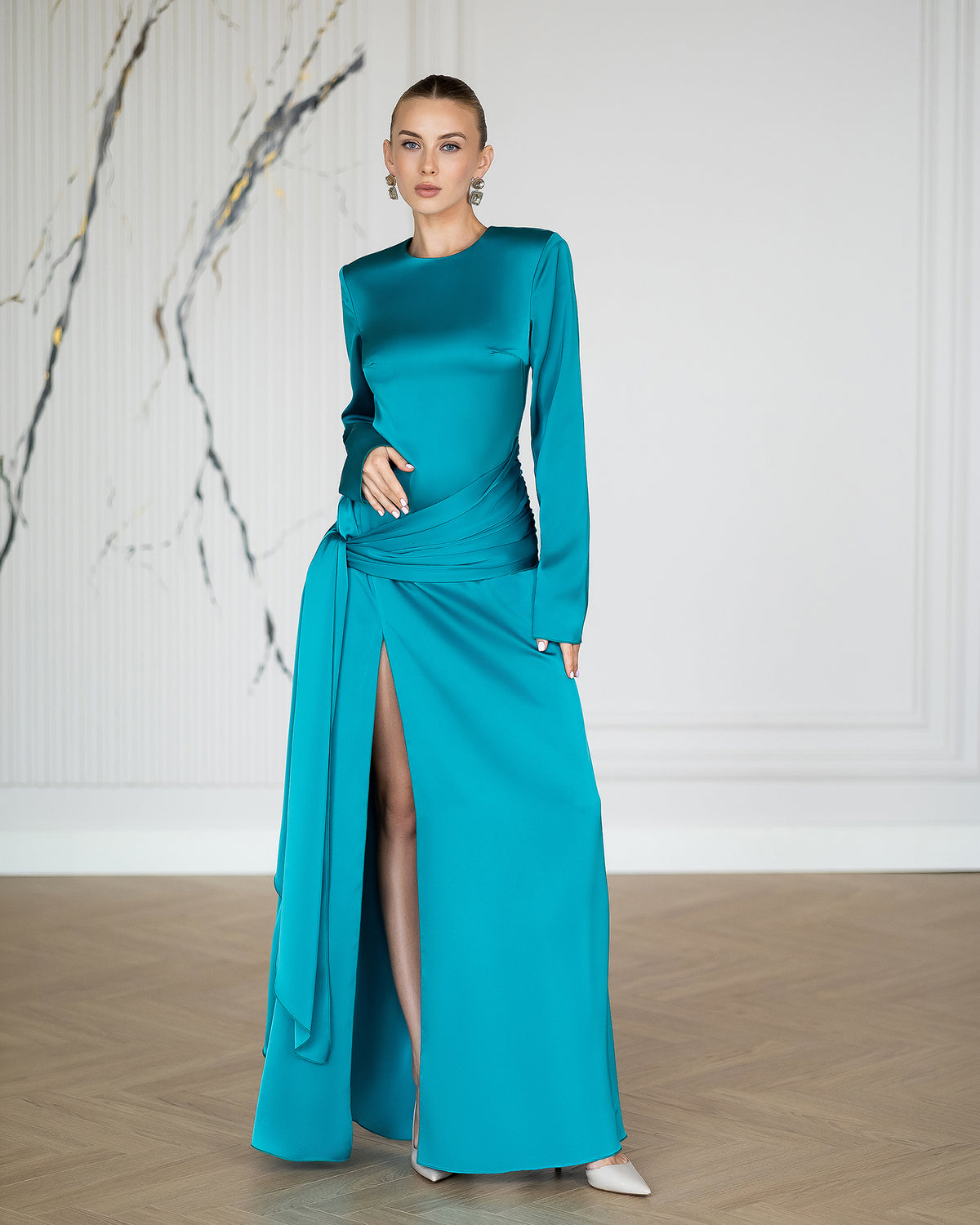 Leda Emerald Satin Puff-Sleeve Ruched High-Slit Maxi Dress