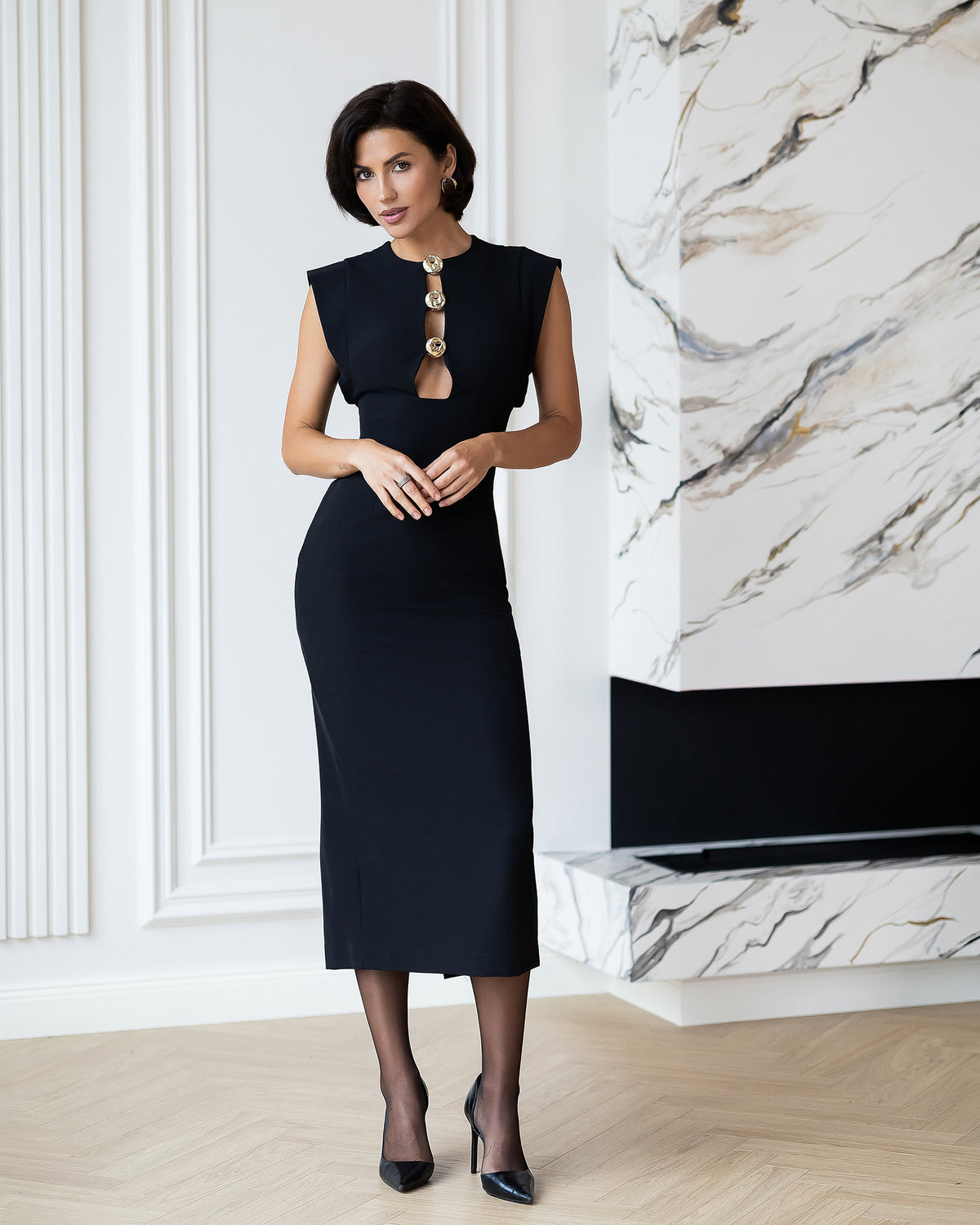 Allegra Black Sleeveless Cut-Out Button-Detail Midi Dress
