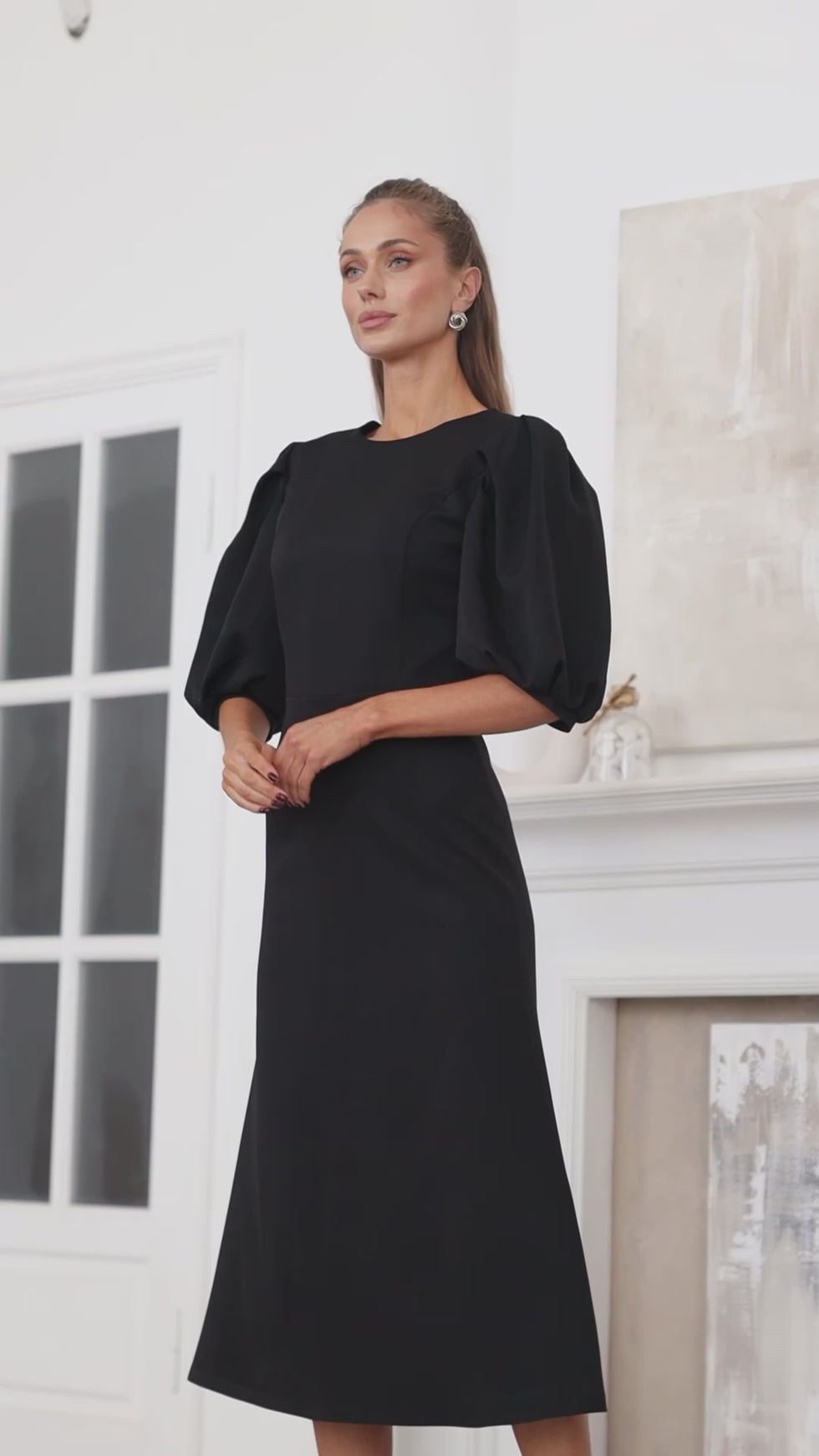 Black Puff Sleeve Midi Dress
