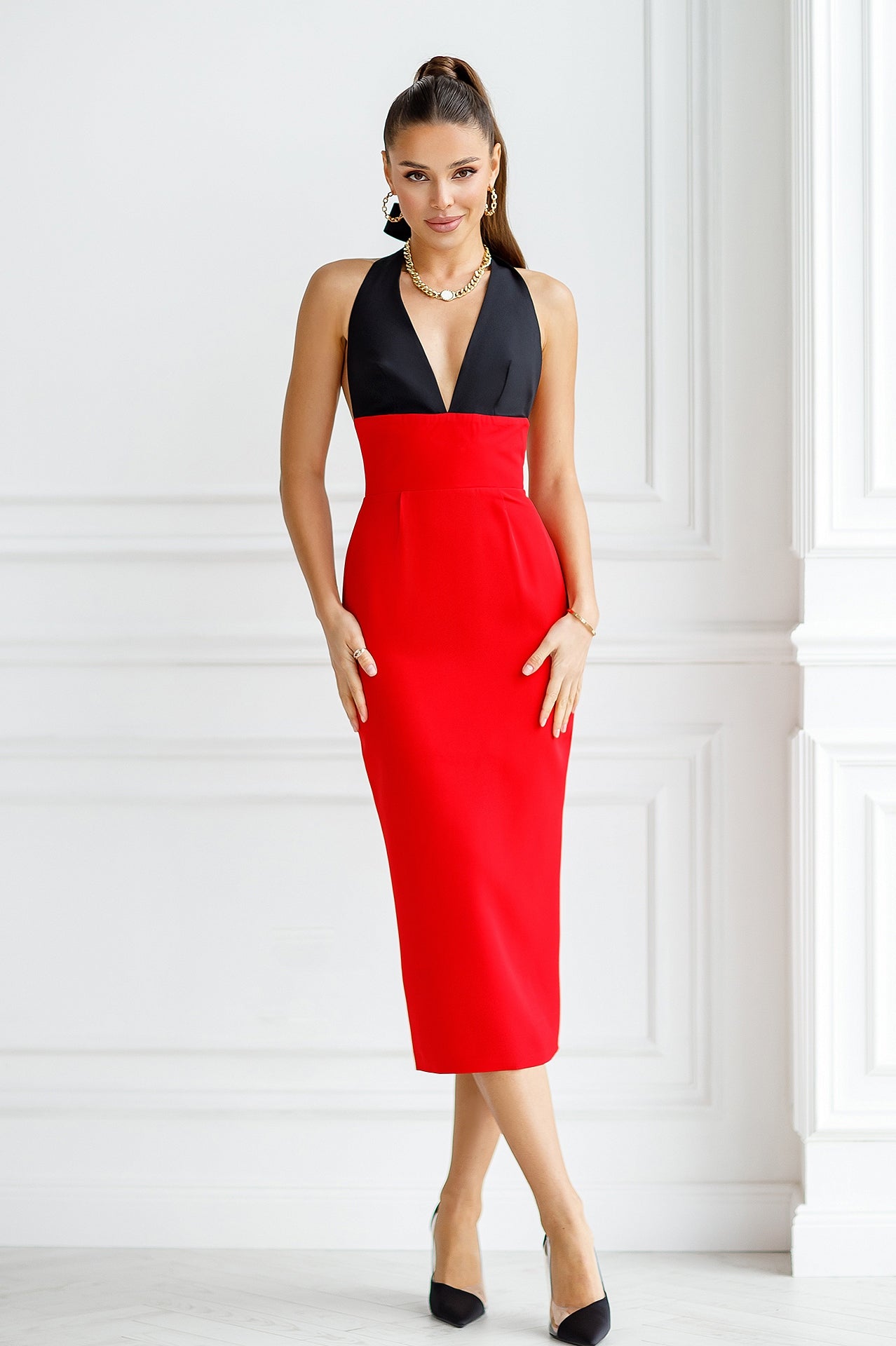 Red-Black Backless Halter Midi Dress