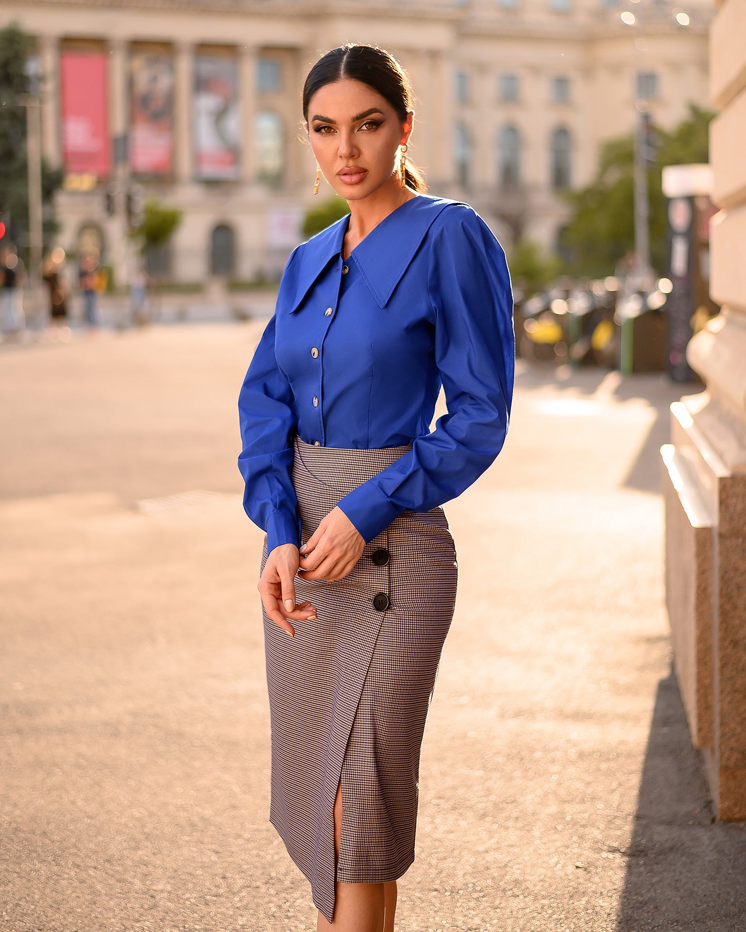 Blue Puff Sleeve Collared Blouse