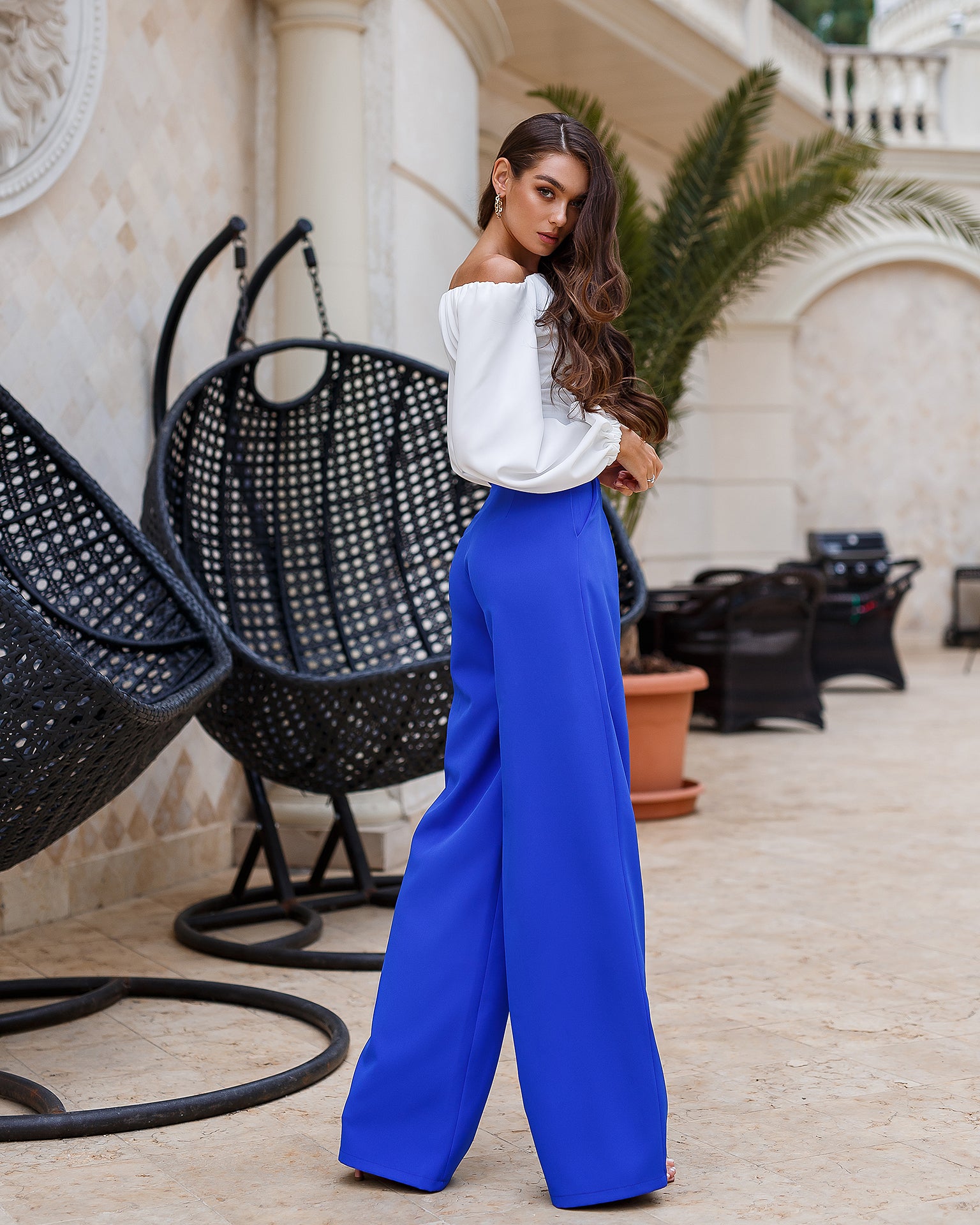 Blue High Waist Fitted Palazzo Pants