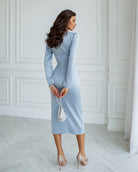 Sky-Blue Satin Long Sleeve Midi Dress