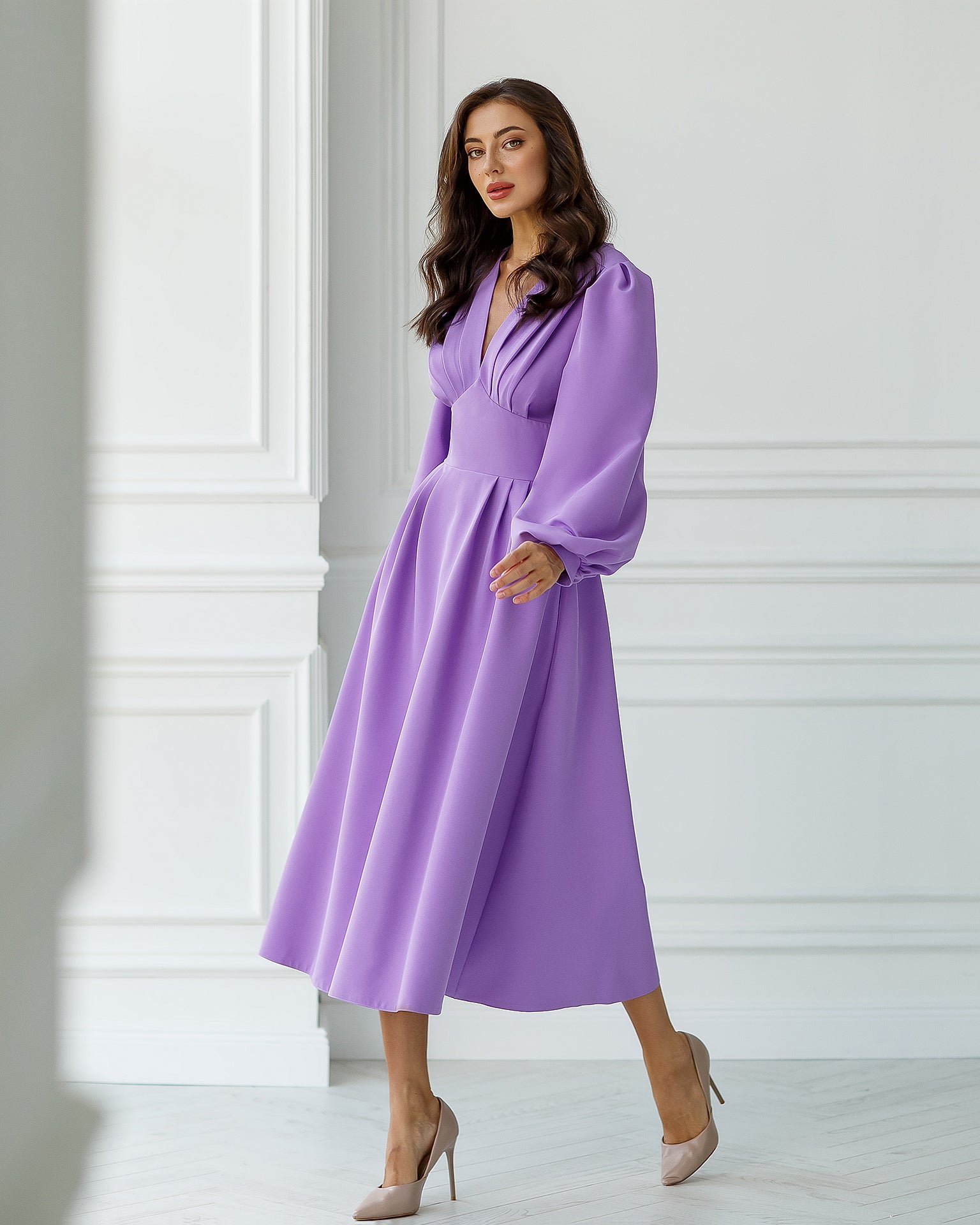 Purple V-Neck Puff-Sleeve Midi Dress
