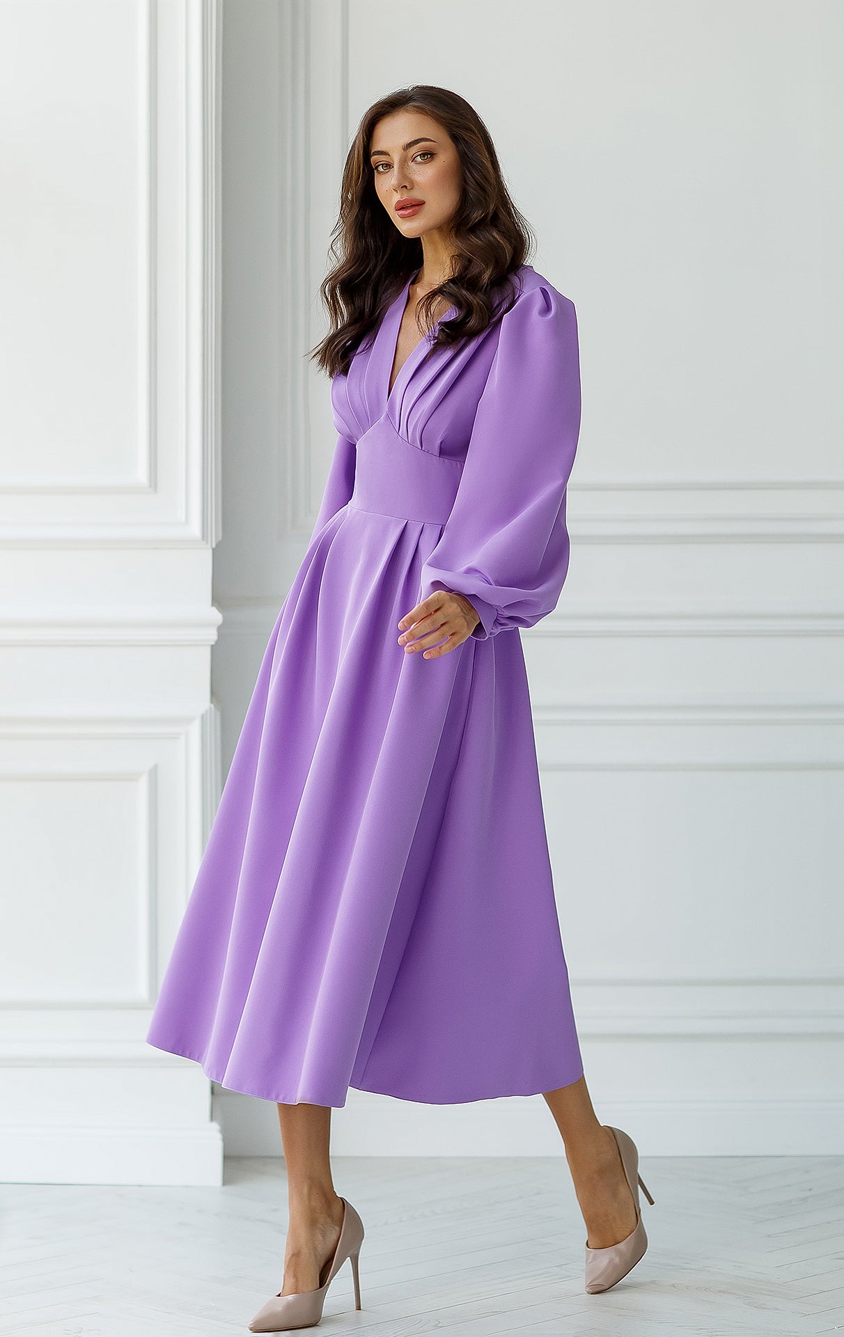 Purple V Neck Puff Sleeve Midi Dress