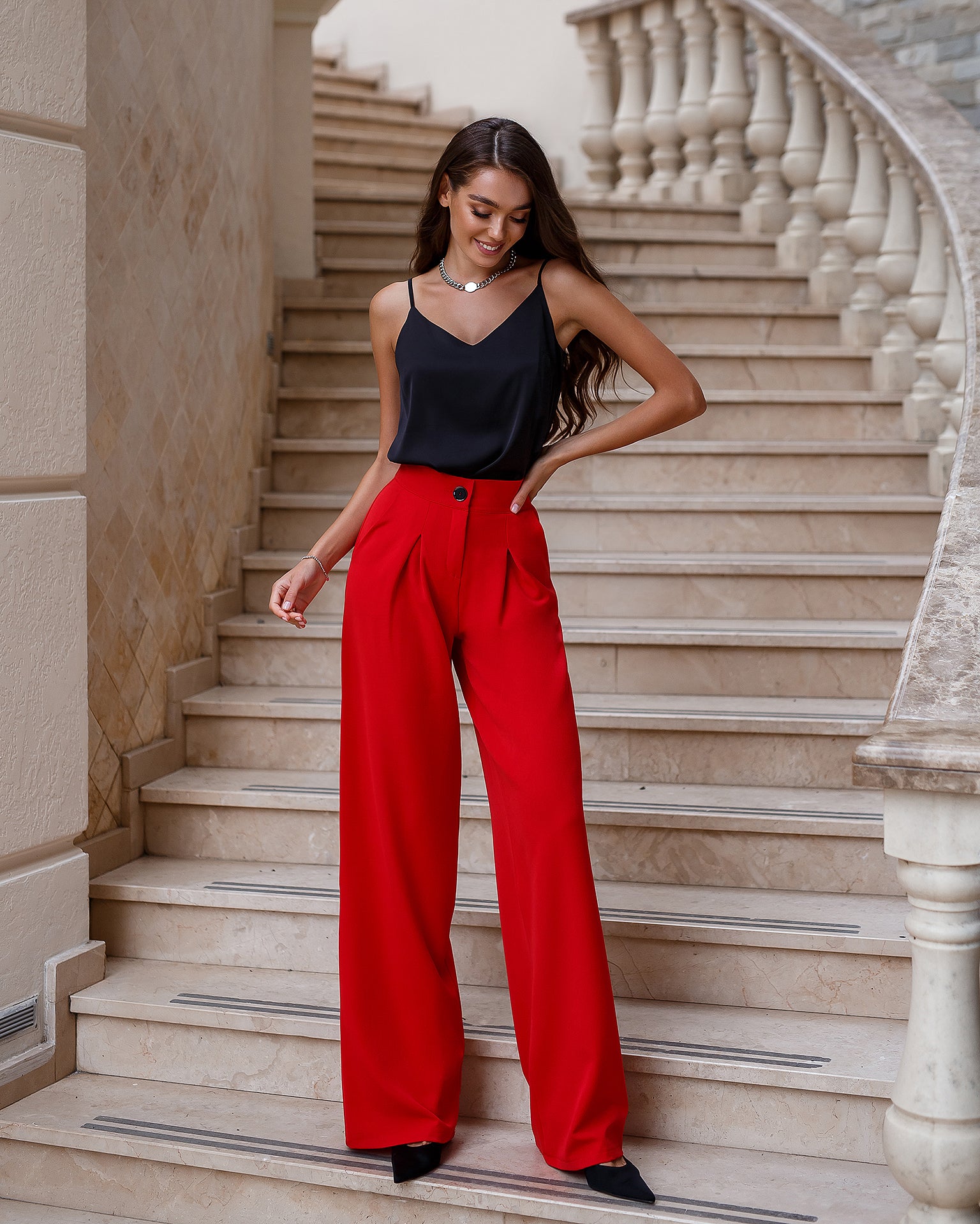 Red High Waist Fitted Palazzo Pants