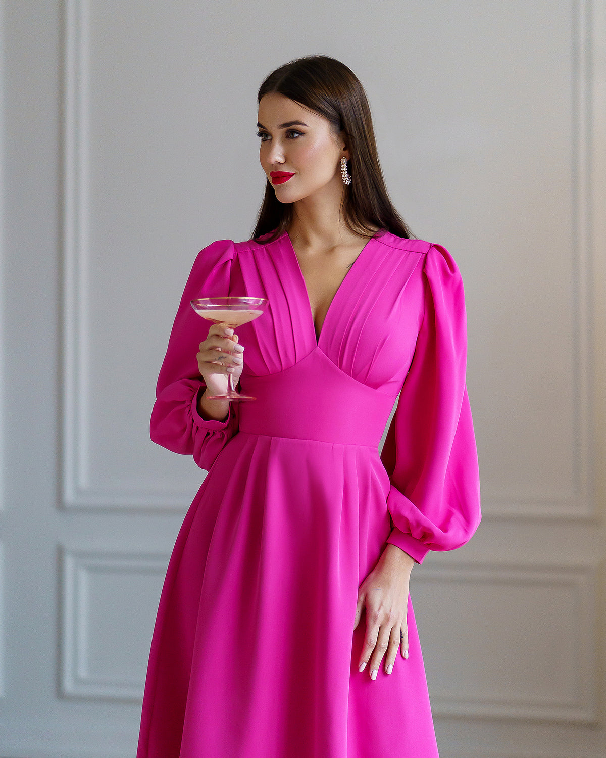 Crimson V-Neck Puff-Sleeve Midi Dress – ELAGIA