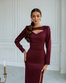 Bordeaux Satin Long Sleeve Midi Dress