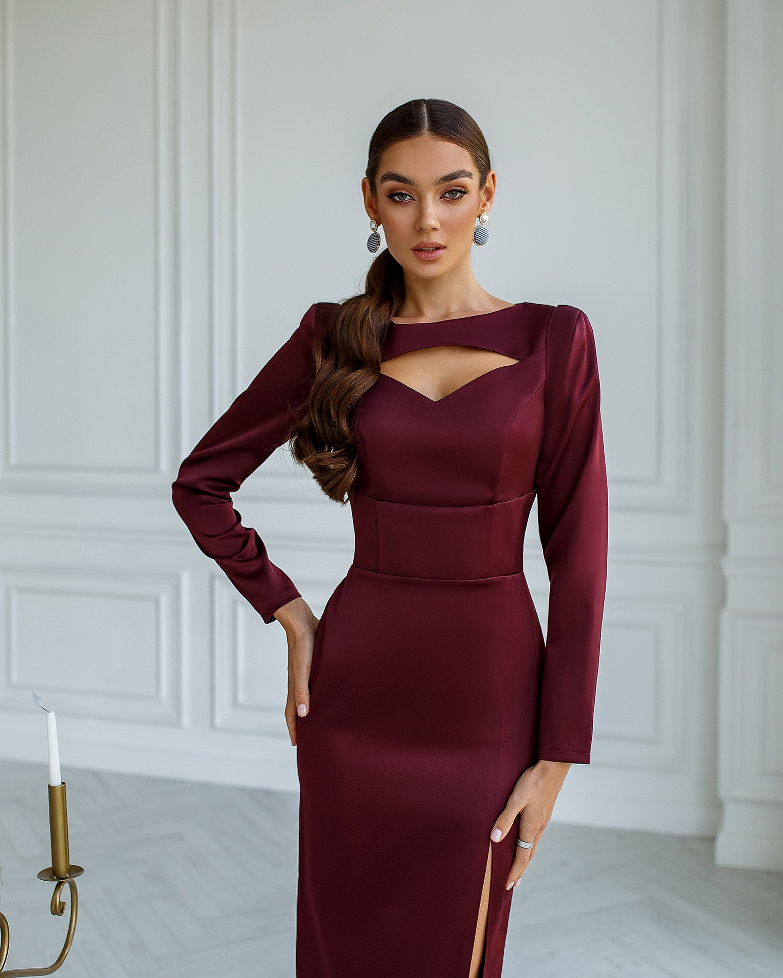 Bordeaux Satin Long Sleeve Midi Dress
