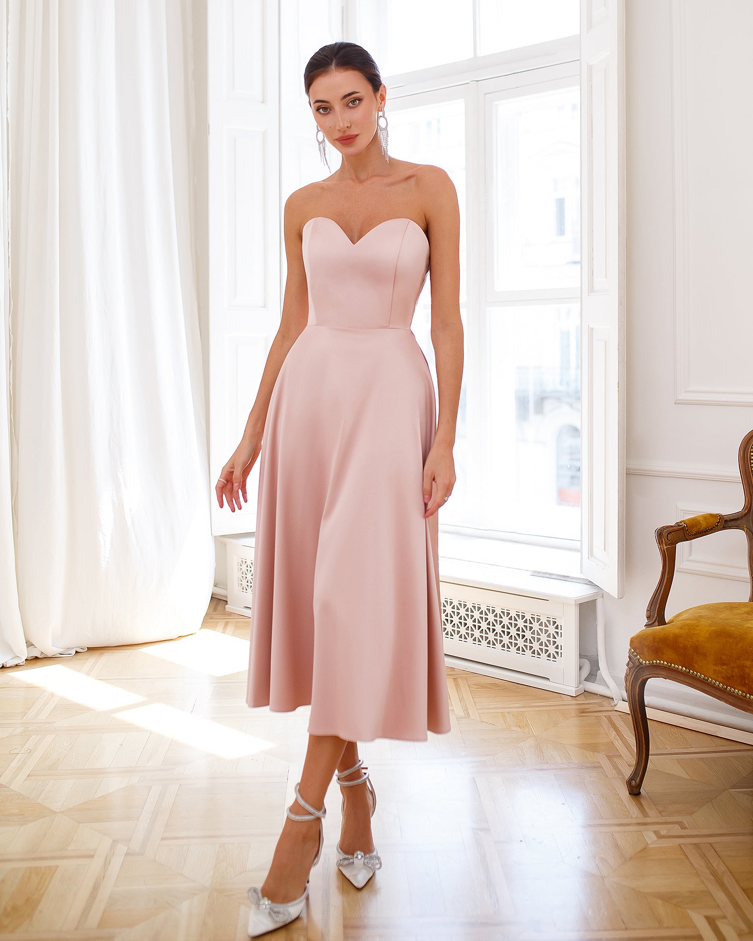 Dusty Pink Satin Corseted Strapless Dress