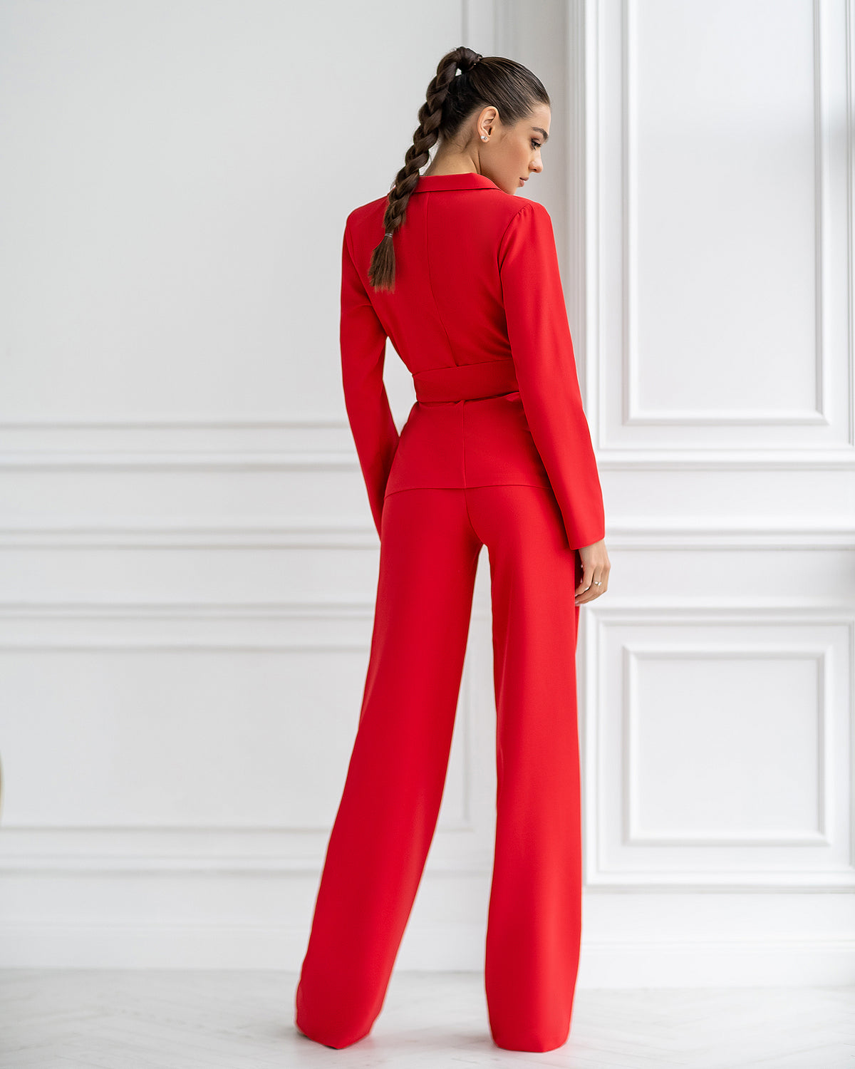 Red Belted Wide-Leg Suit 3-Piece – ELAGIA