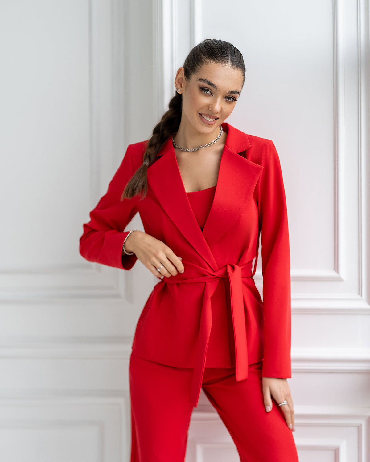 Red Belted Wide-Leg Suit 3-Piece – ELAGIA