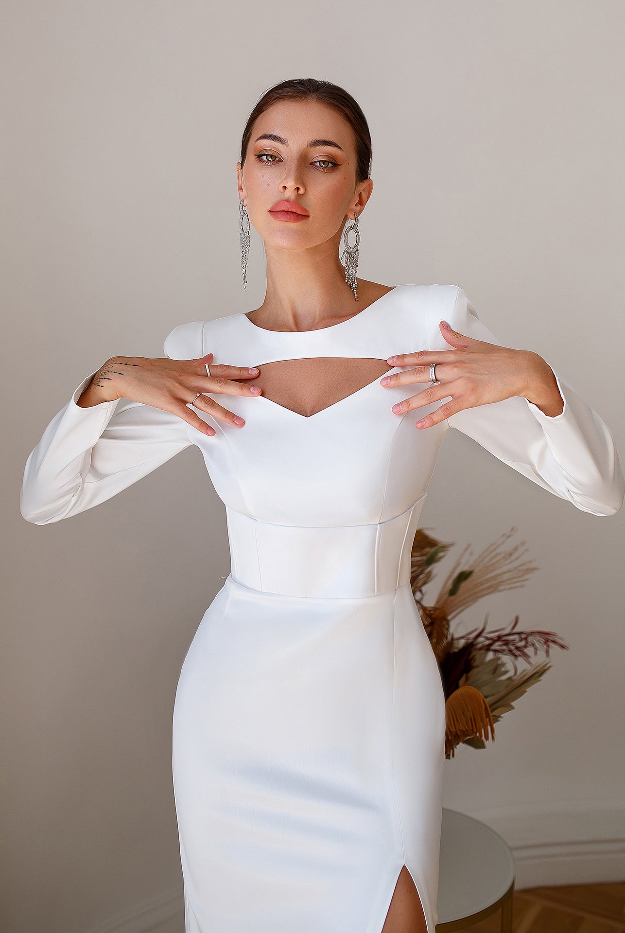 White Satin Long Sleeve Midi Dress