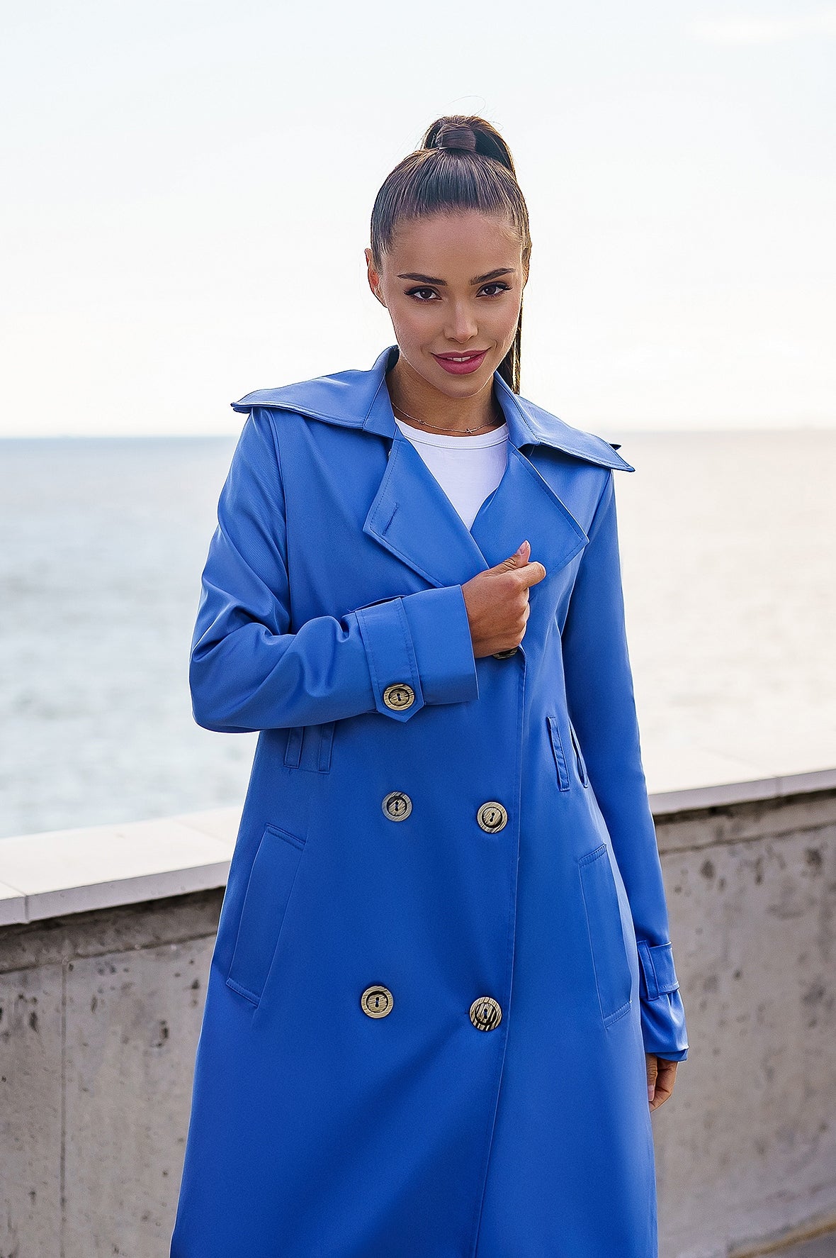 Blue Double-Breasted Belted Trench Coat