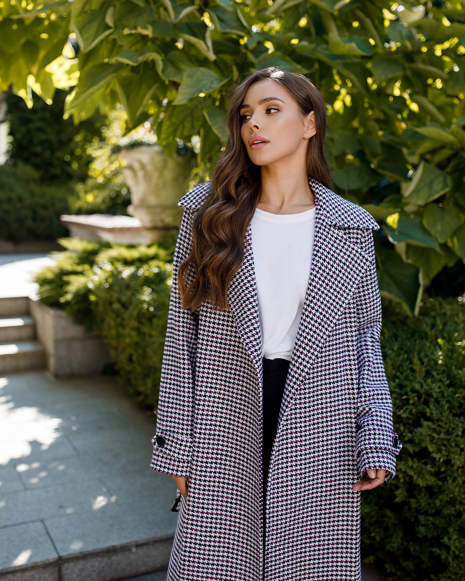 Casual White-Black Checked Belted Coat