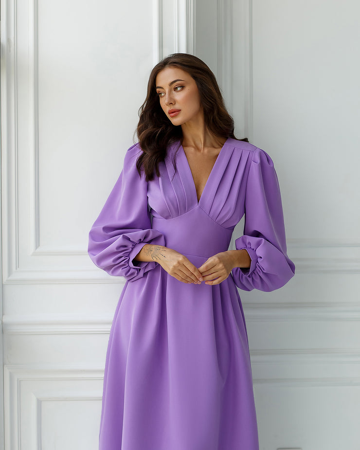 V-Neck Puff Sleeve Midi Dress