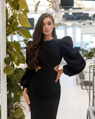 Black Backless Cut-Out Puff-Sleeve Midi Dress