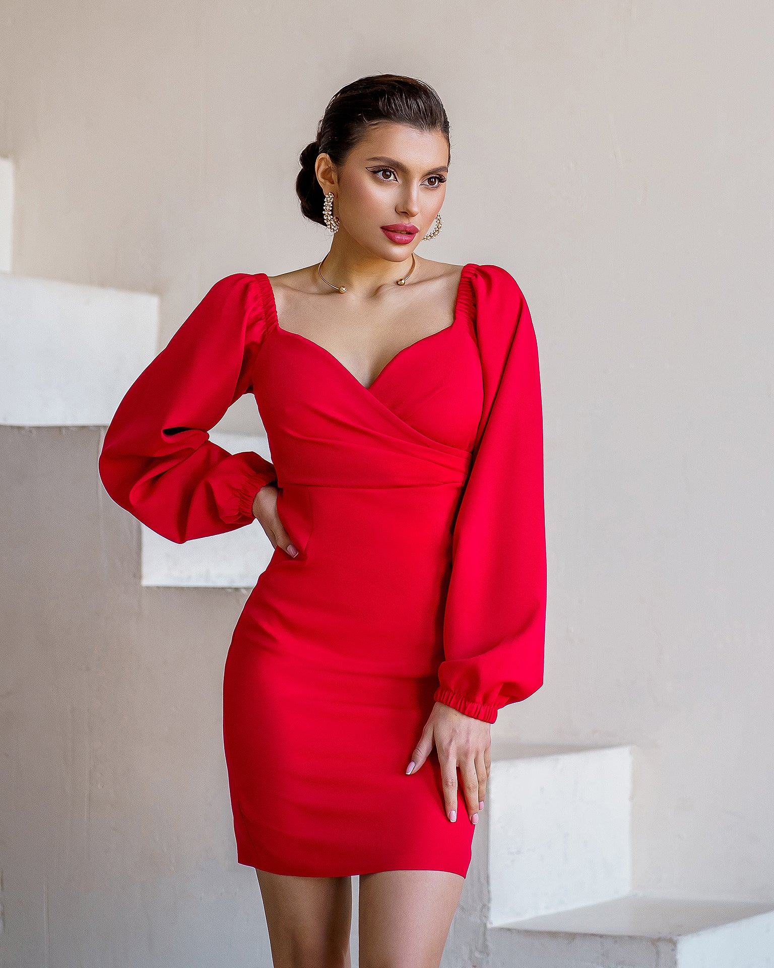 Red Puff-Sleeve Mini Dress