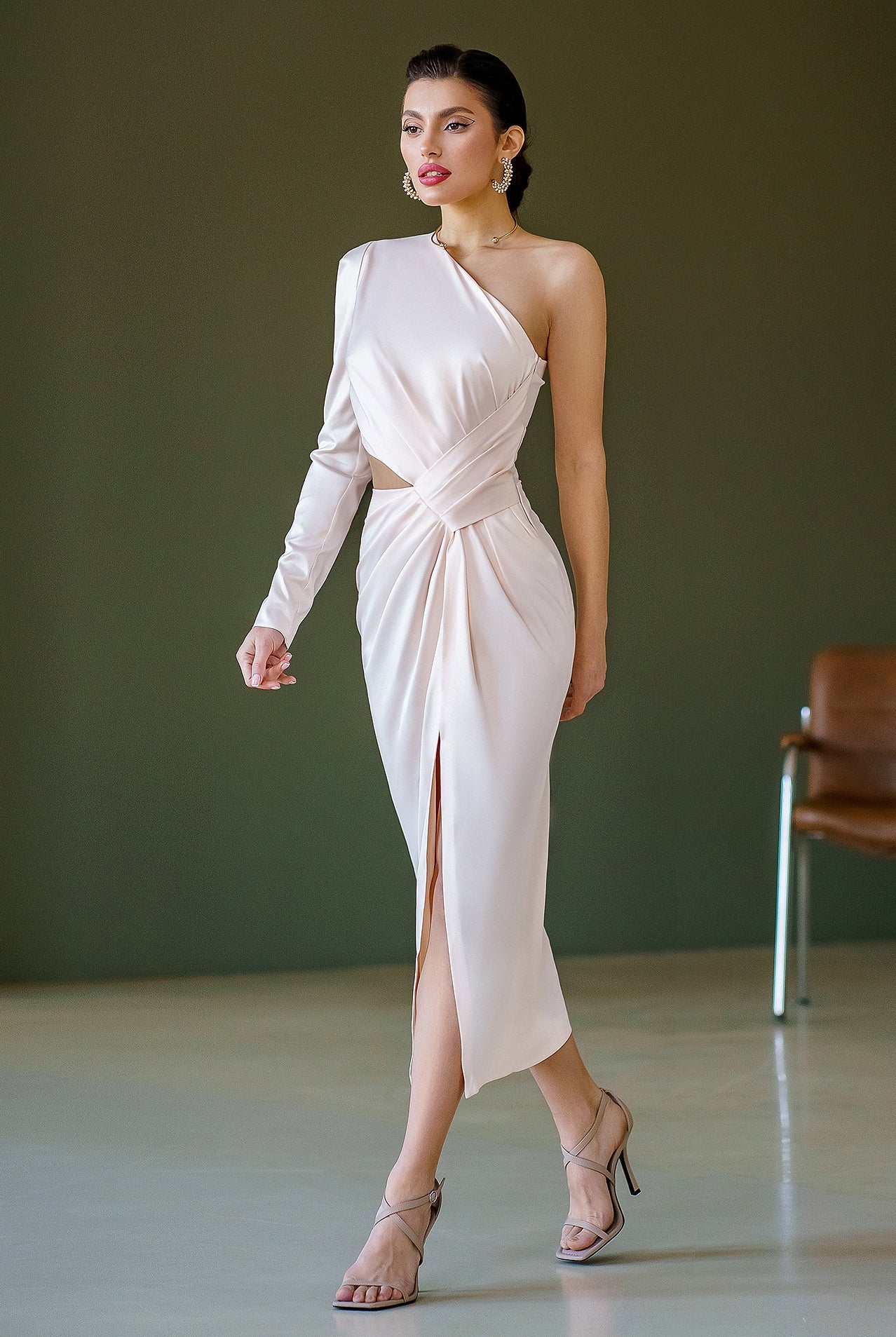 White Satin One-Shoulder Cut-Out Midi Dress