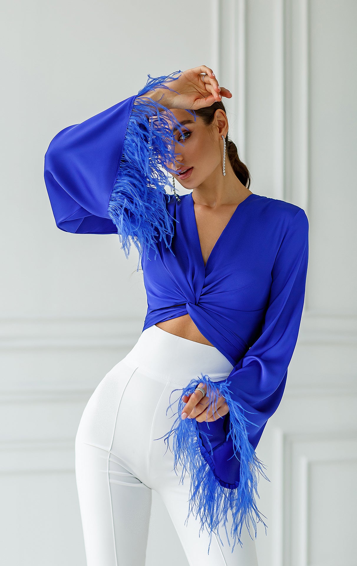 Blue Silk Feather Sleeve Blouse