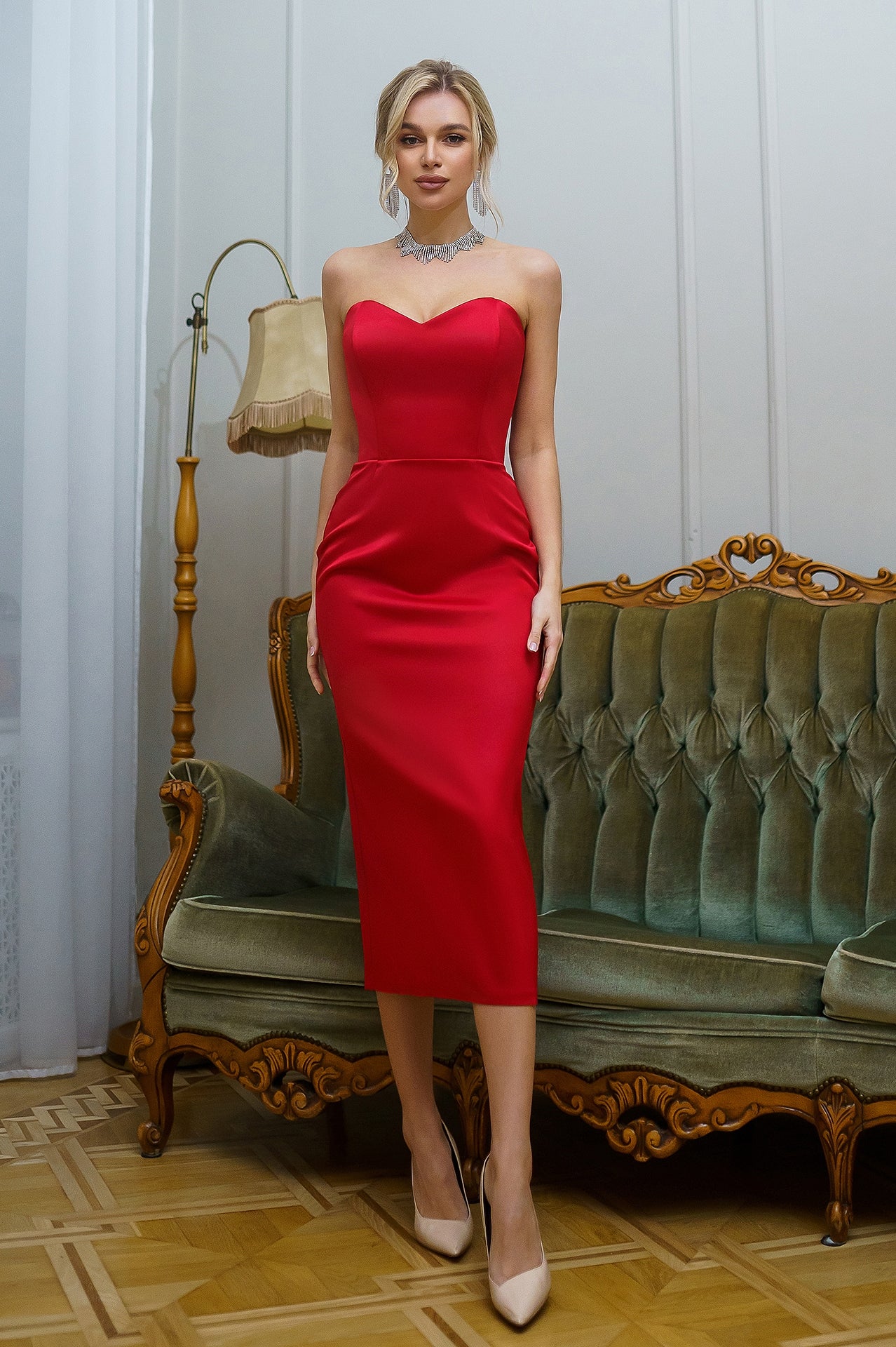 Red Satin Corseted Strapless Dress