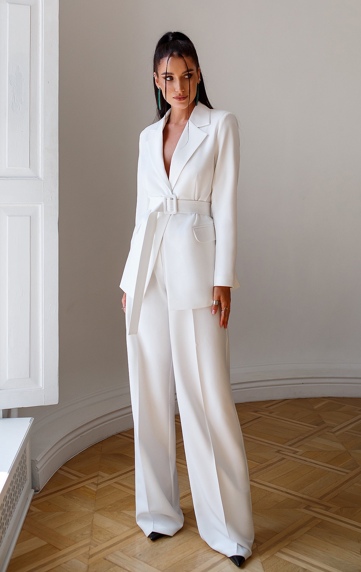 White Belted Wide-Leg Suit 2-Piece