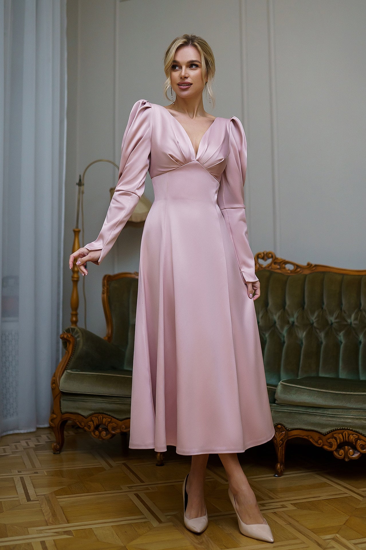 Dusty Pink Satin Bow Back Midi Dress : Timeless Beauty – ELAGIA