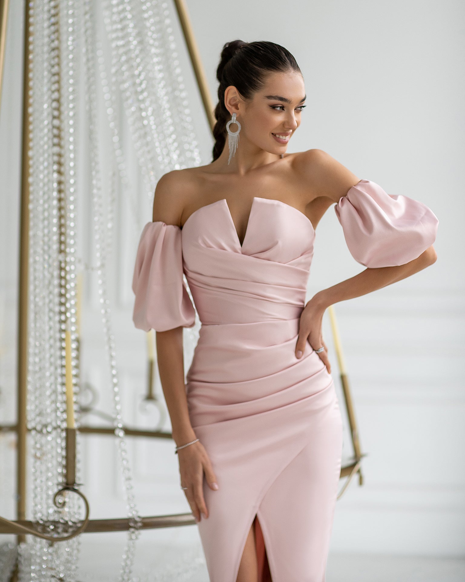 Dusty Pink Satin Puff-Sleeve Midi Dress – ELAGIA