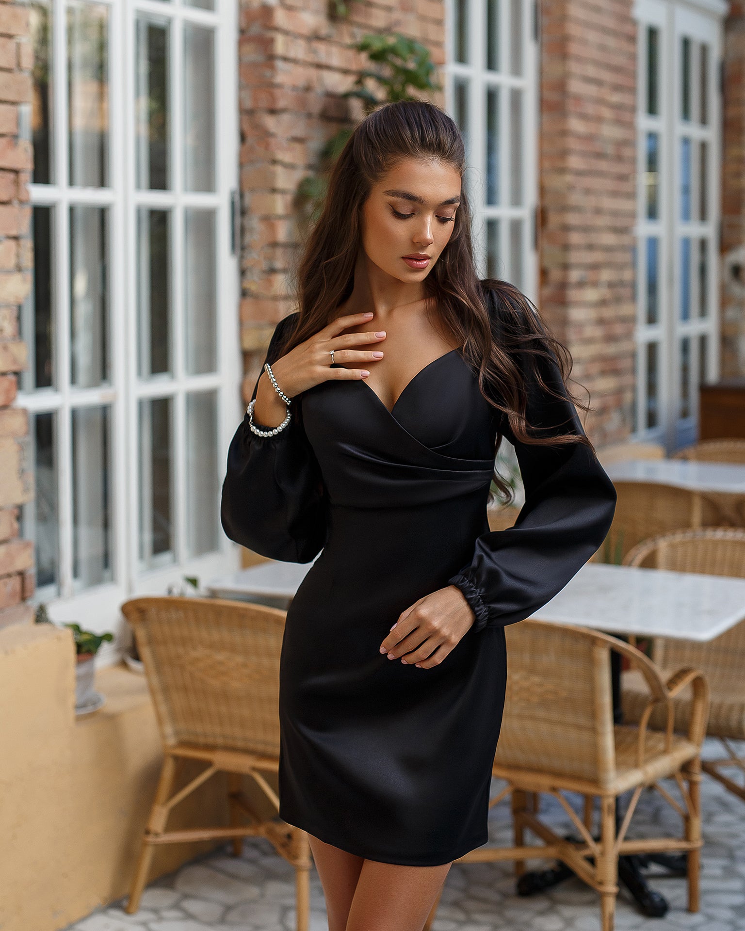Black Satin Puff-Sleeve Mini Dress