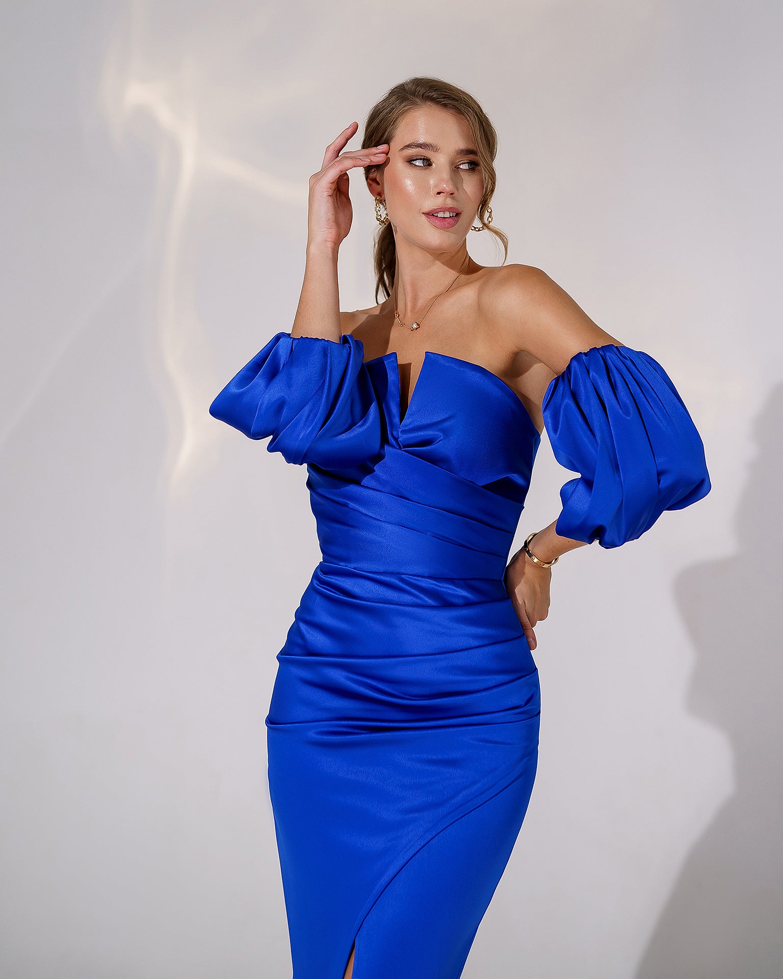 Sax Blue Satin Puff-Sleeve Midi Dress