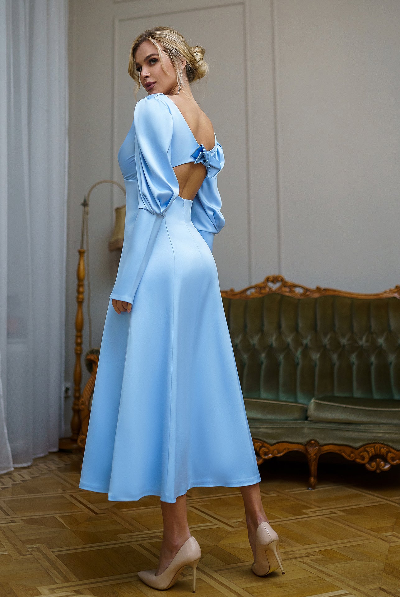 Sky-Blue Satin Bow Back Midi Dress 