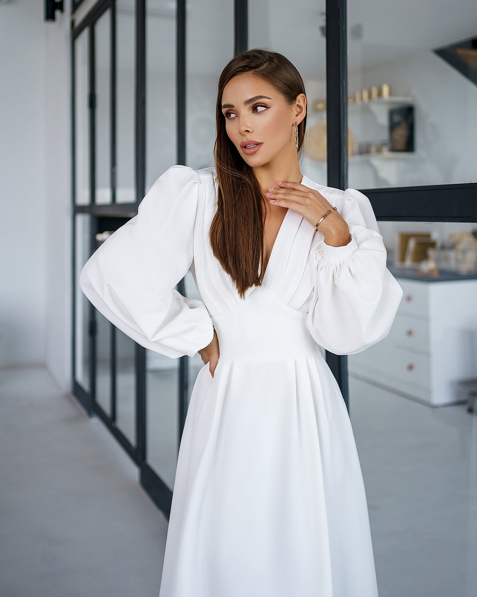 White V-Neck Puff-Sleeve Midi Dress