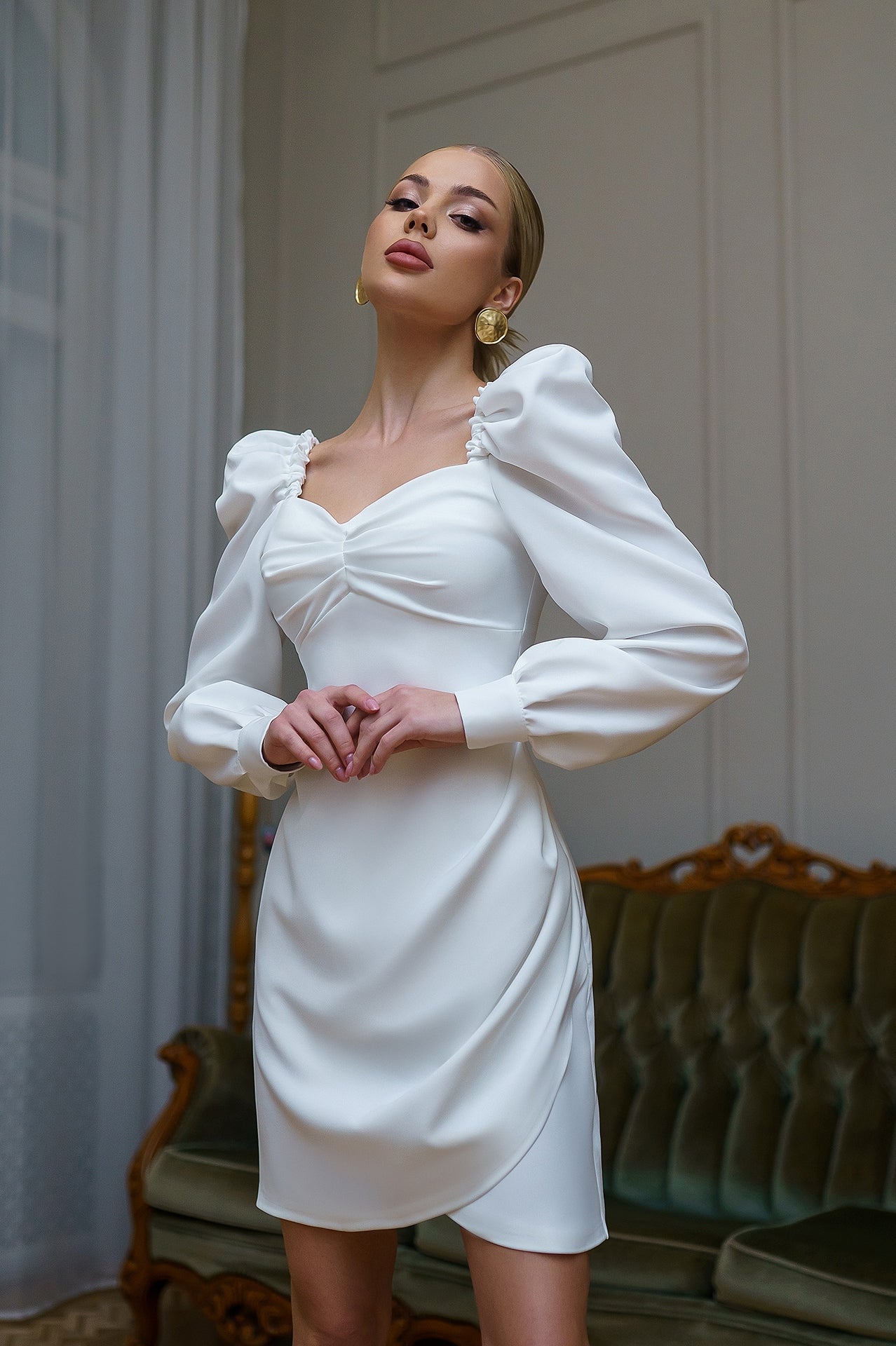 White Puff-Sleeve Mini Dress