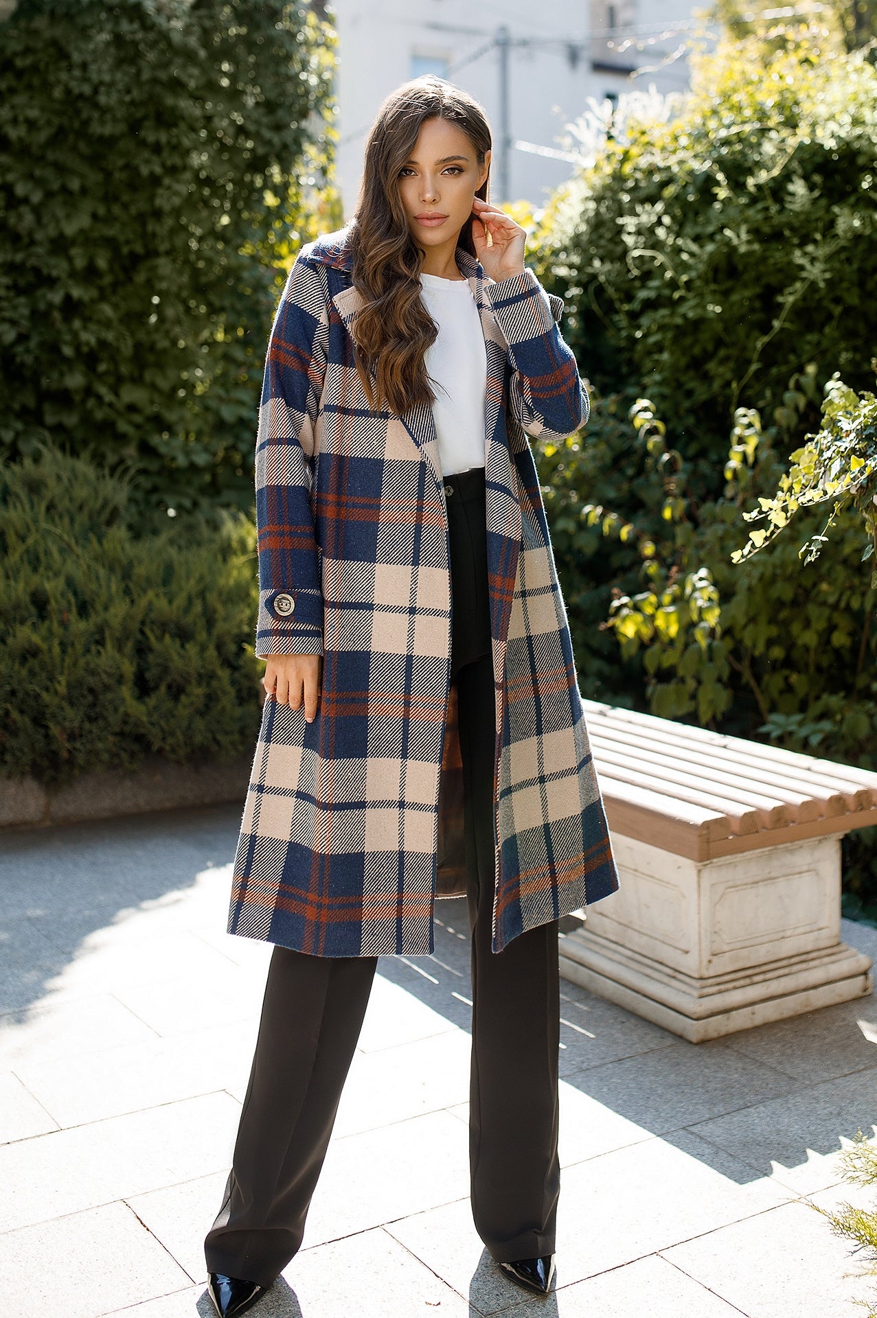 Navy Plaid Checked Belted Coat