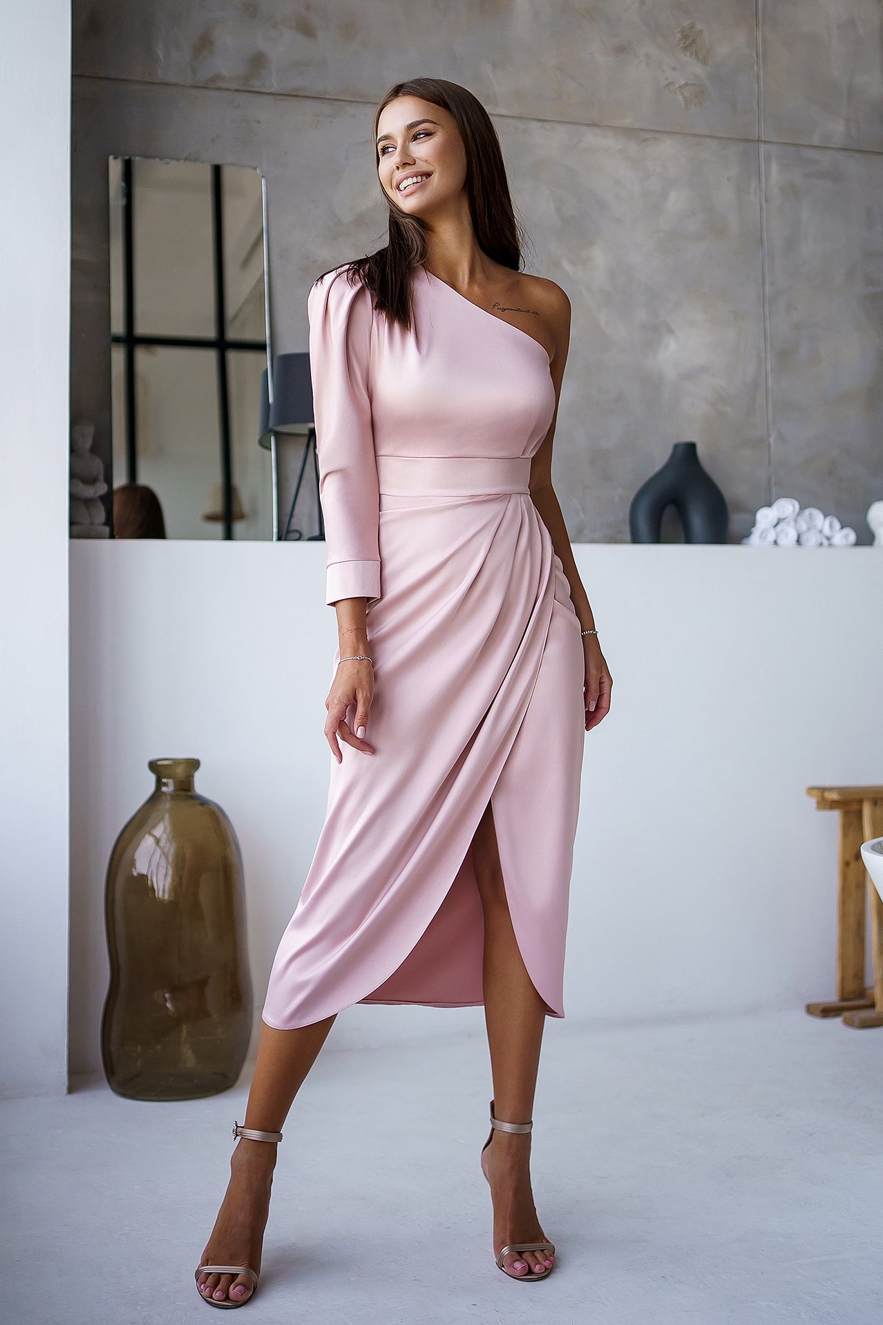 Dusty Pink One-Shoulder Satin Midi Dress