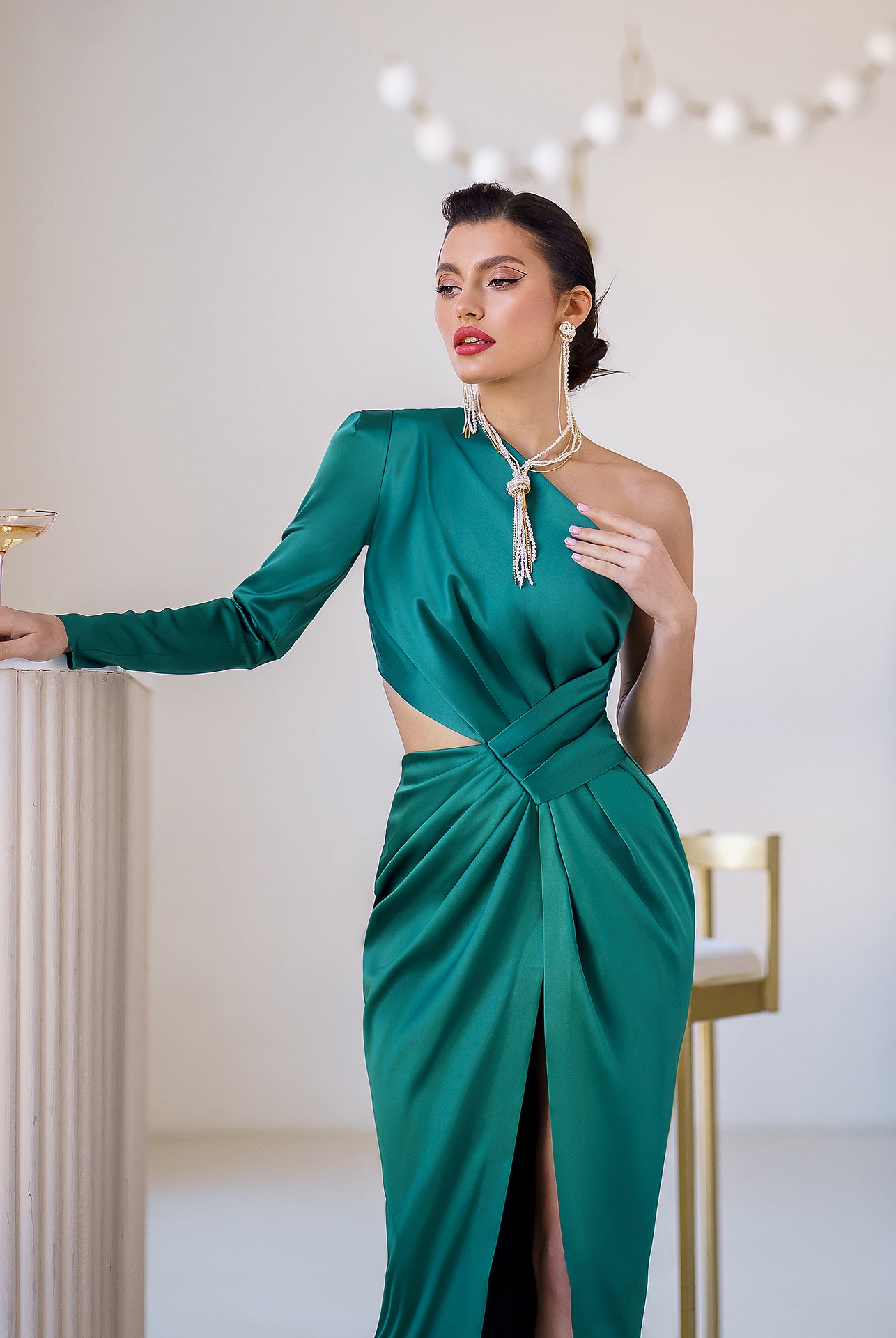 Emerald Satin One-Shoulder Cut-Out Midi Dress