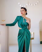 Emerald Satin One-Shoulder Cut-Out Midi Dress