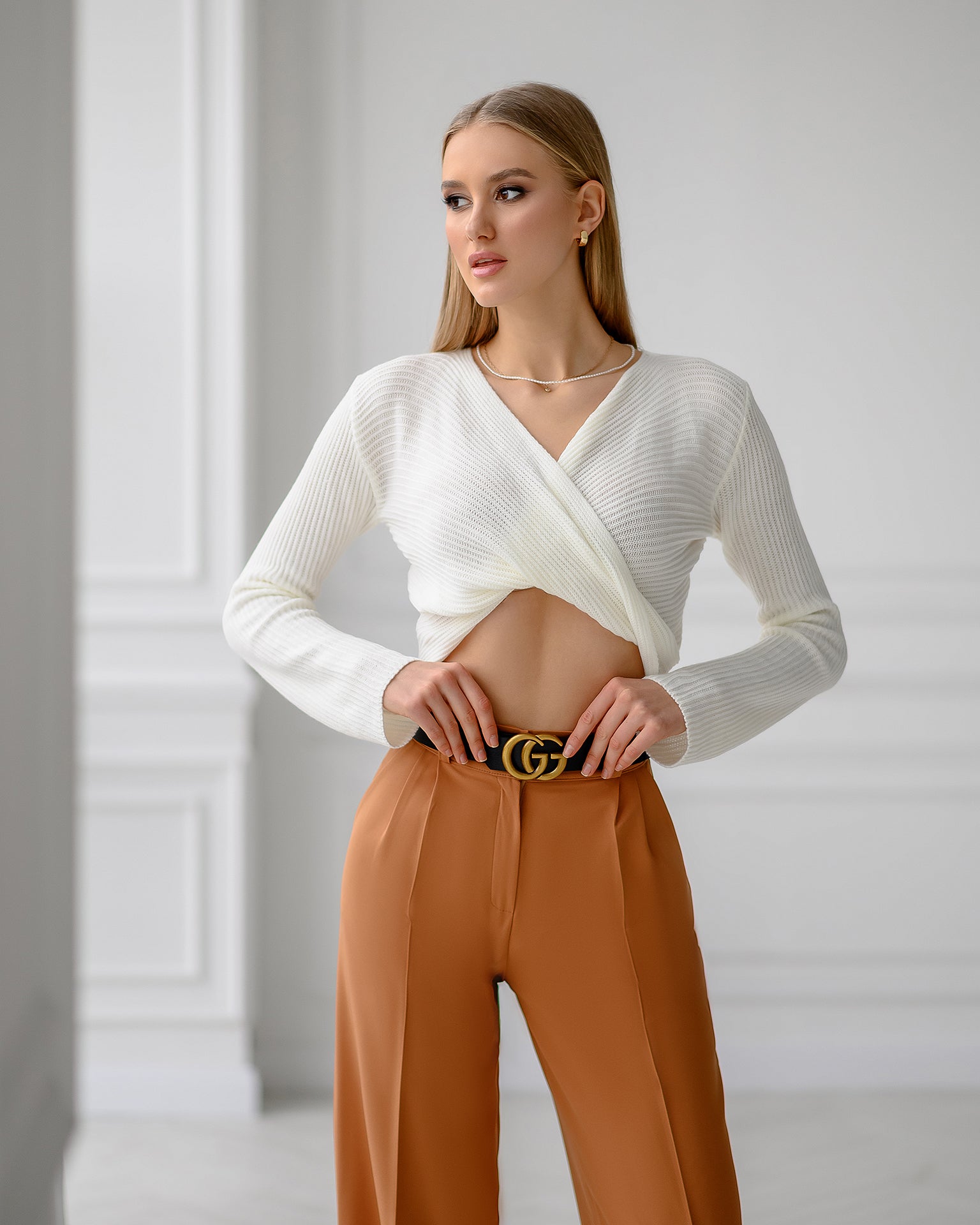 White Ribbed-Knit Wrap Crop Top