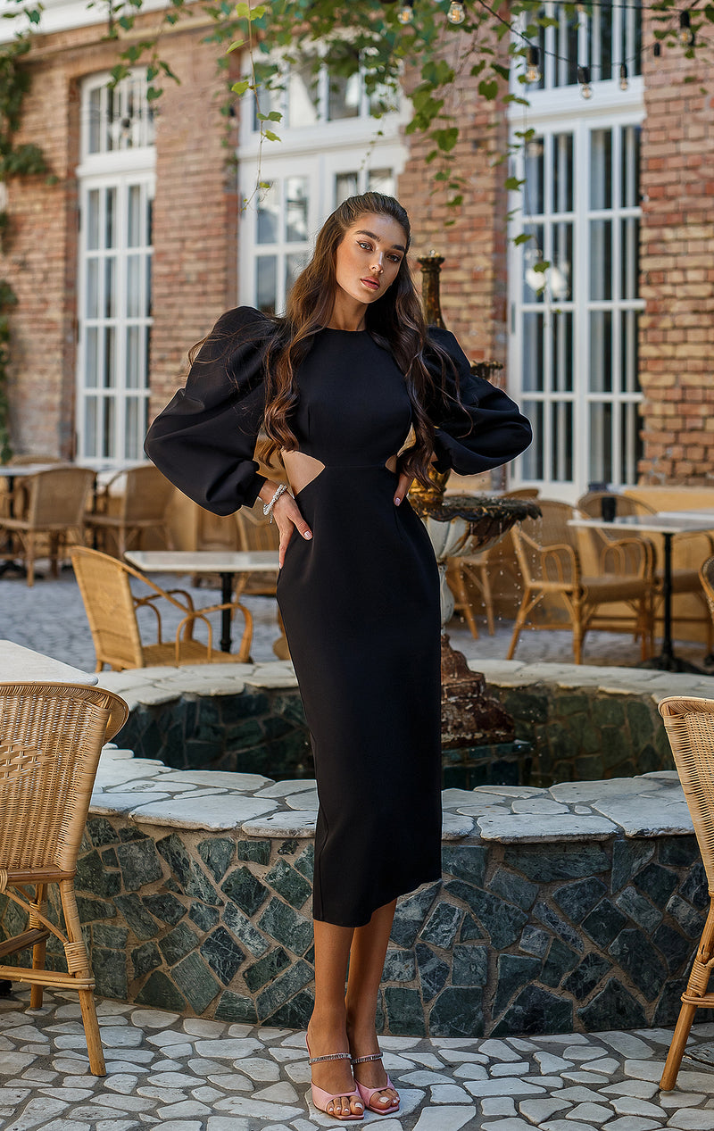 Black Backless Cut-Out Puff-Sleeve Midi Dress - Glamorous Silhoutte