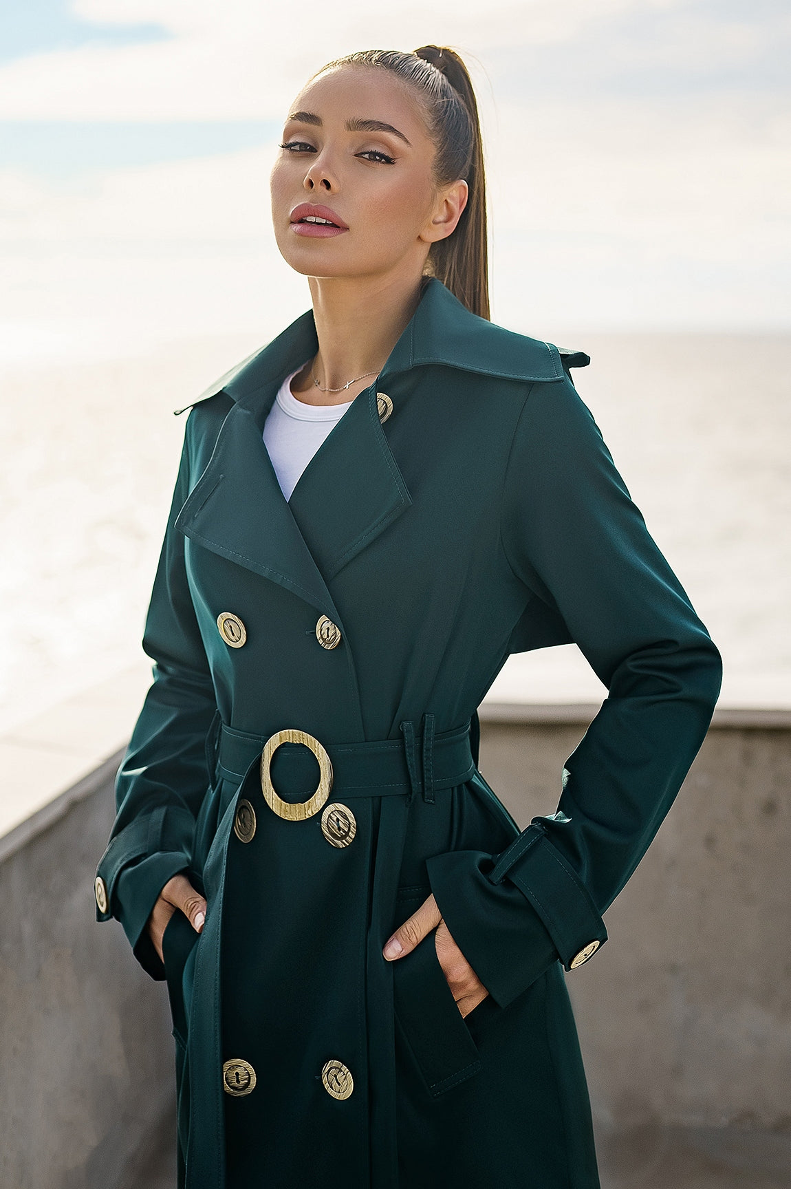 Dark Green Double-Breasted Belted Trench Coat
