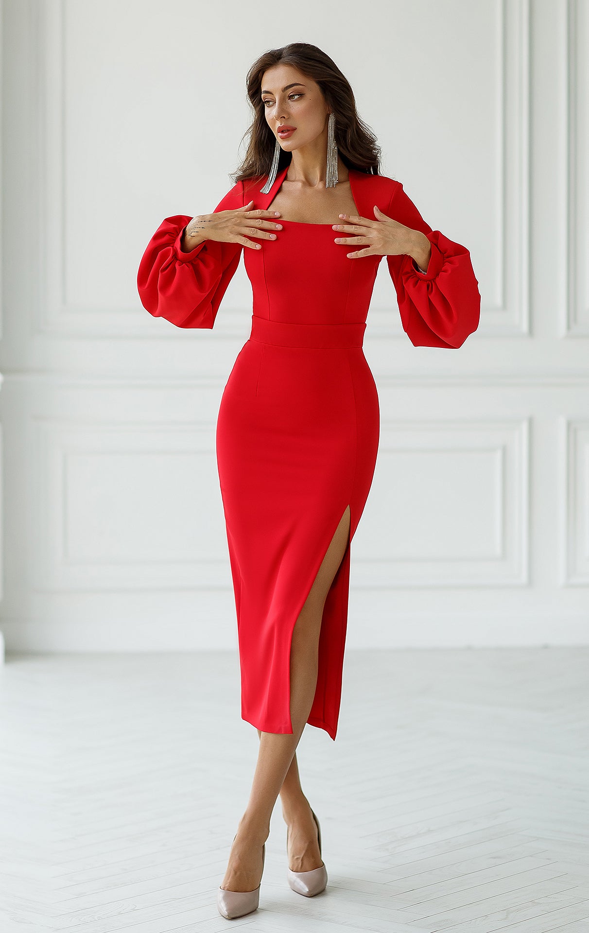 Red Square Neck Puff-Sleeve Midi Dress