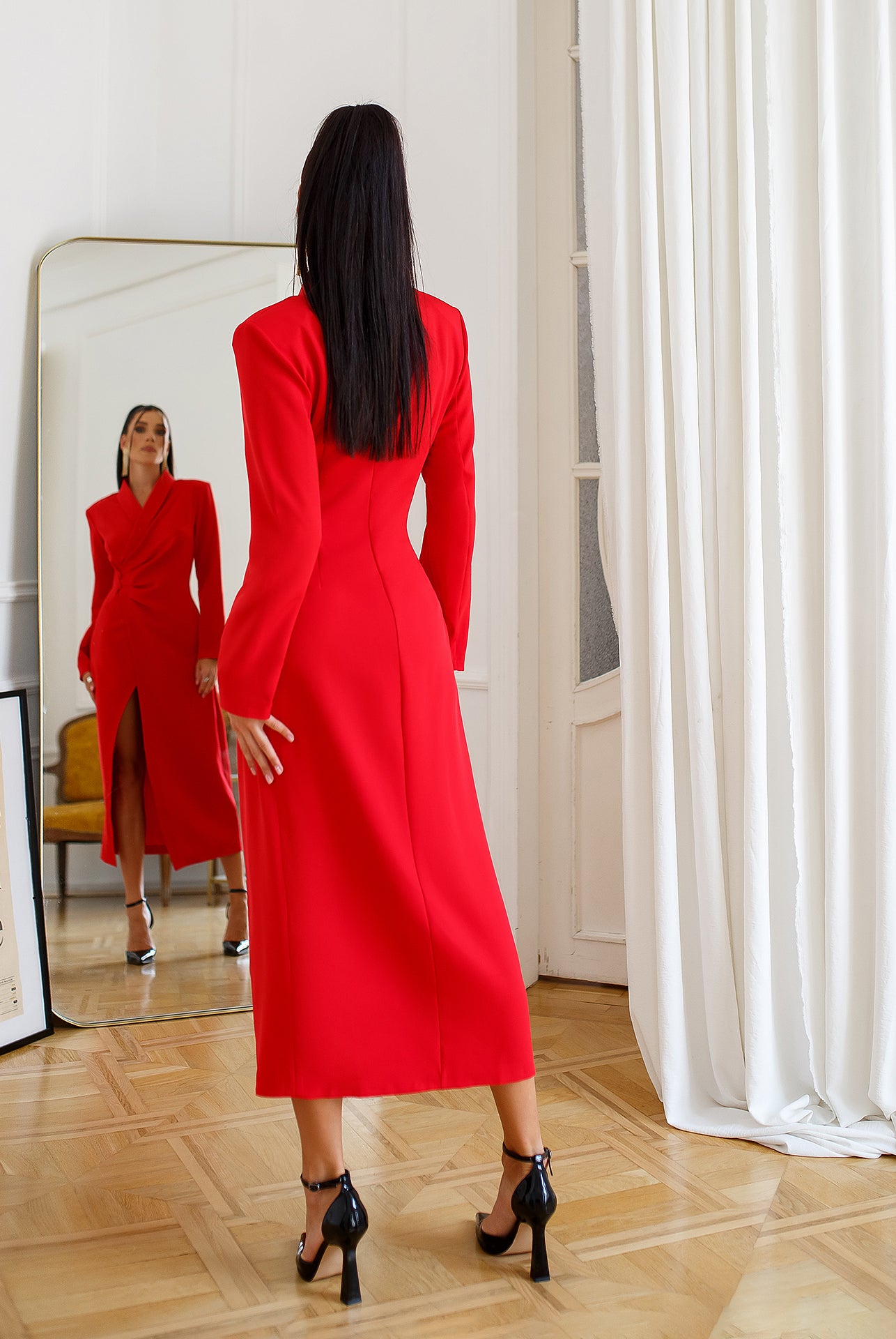 Red Collared Wrap Midi Dress
