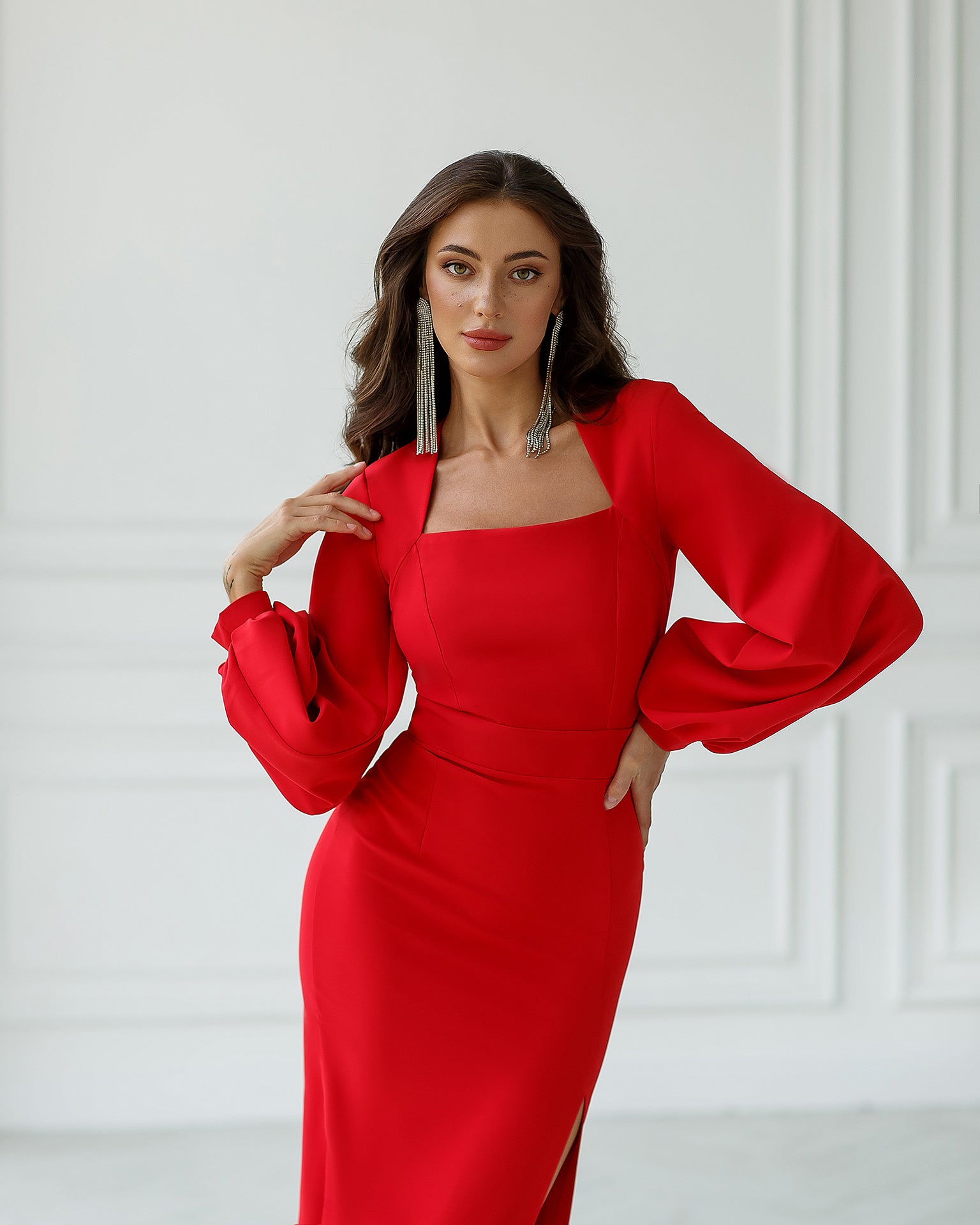 Red Square Neck Puff-Sleeve Midi Dress