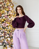 Bordeaux Off-The-Shoulder Puff-Sleeve Top